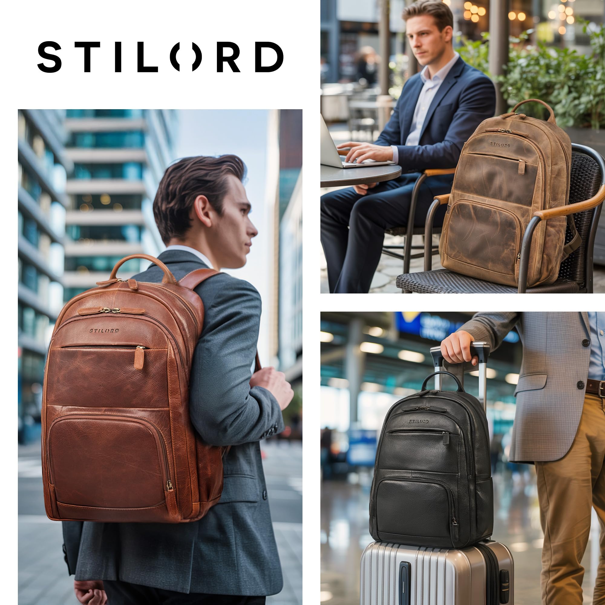 STILORD 'Ramiro' Grande Mochila Hombre Trabajo de Cuero Auténtico - Backpack Travel Robusta Muchos Compartimentos para Portátil de 15,6-16' con Sujeción para Trolley, Color:Negro