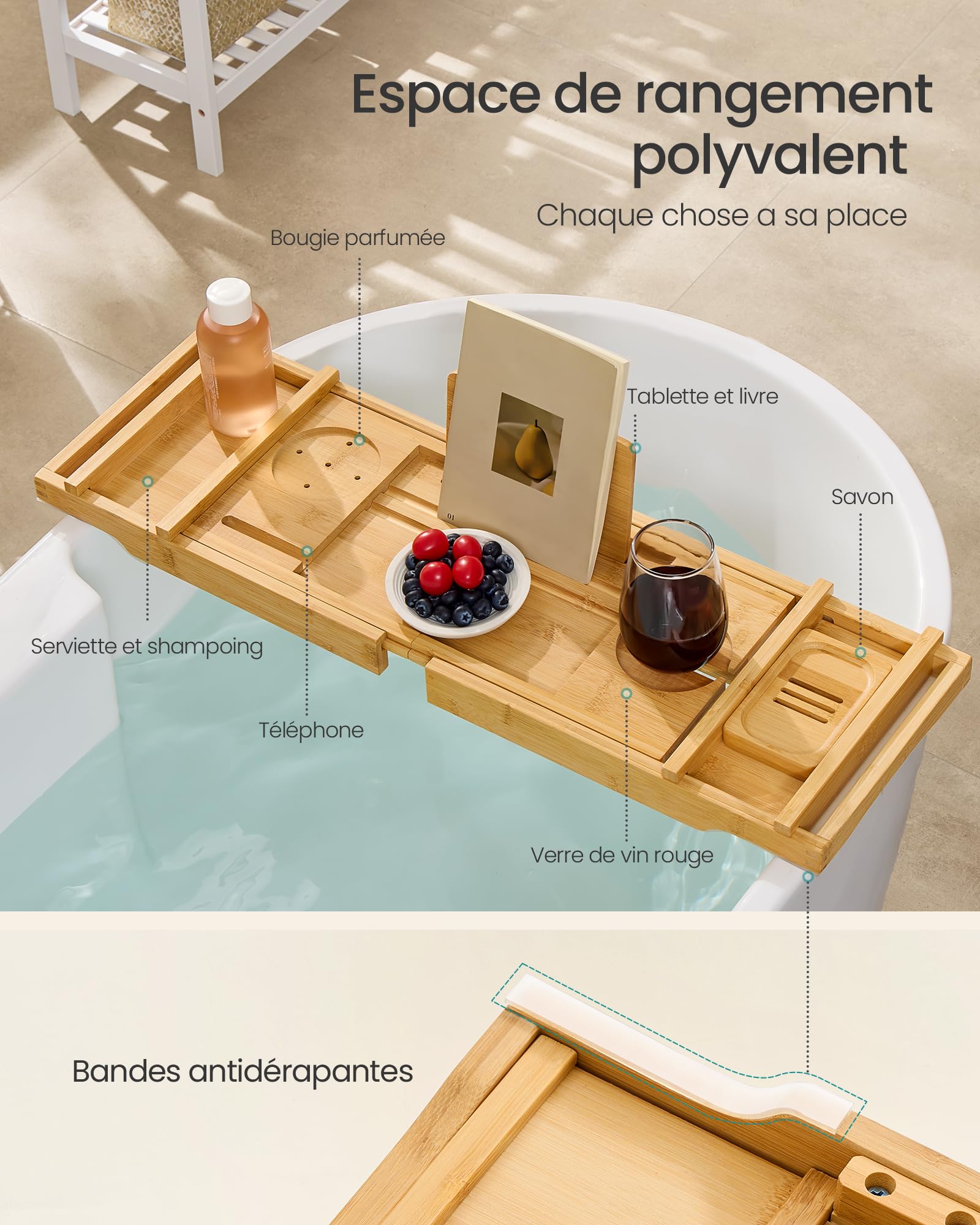 SONGMICS Plateau de Baignoire Extensible en Bambou, Plateau de Bain, Largeur 70 à 95,6 cm, Pliable, Antidérapant, pour Livre, Tablette, Verre de Vin, Serviette, Beige Naturel BCB072N01