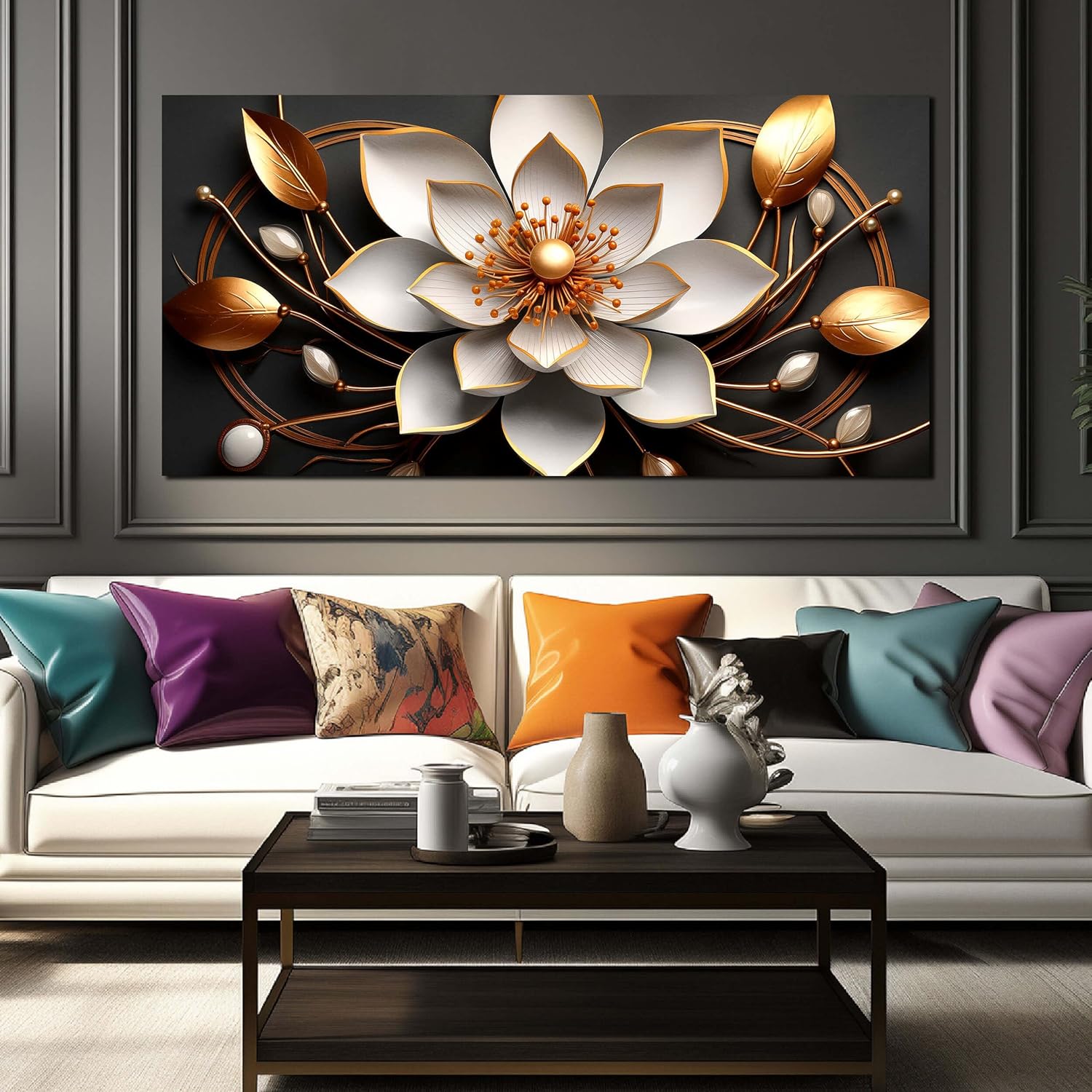 Large Canvas Wall Art Gold and White Flower Picture Wall Decor for Living Room Office Bedroom Decor Wall Painting framed wall art Modern Artwork Decorative Painting Wall Art Ready to Hang 29x58 IN