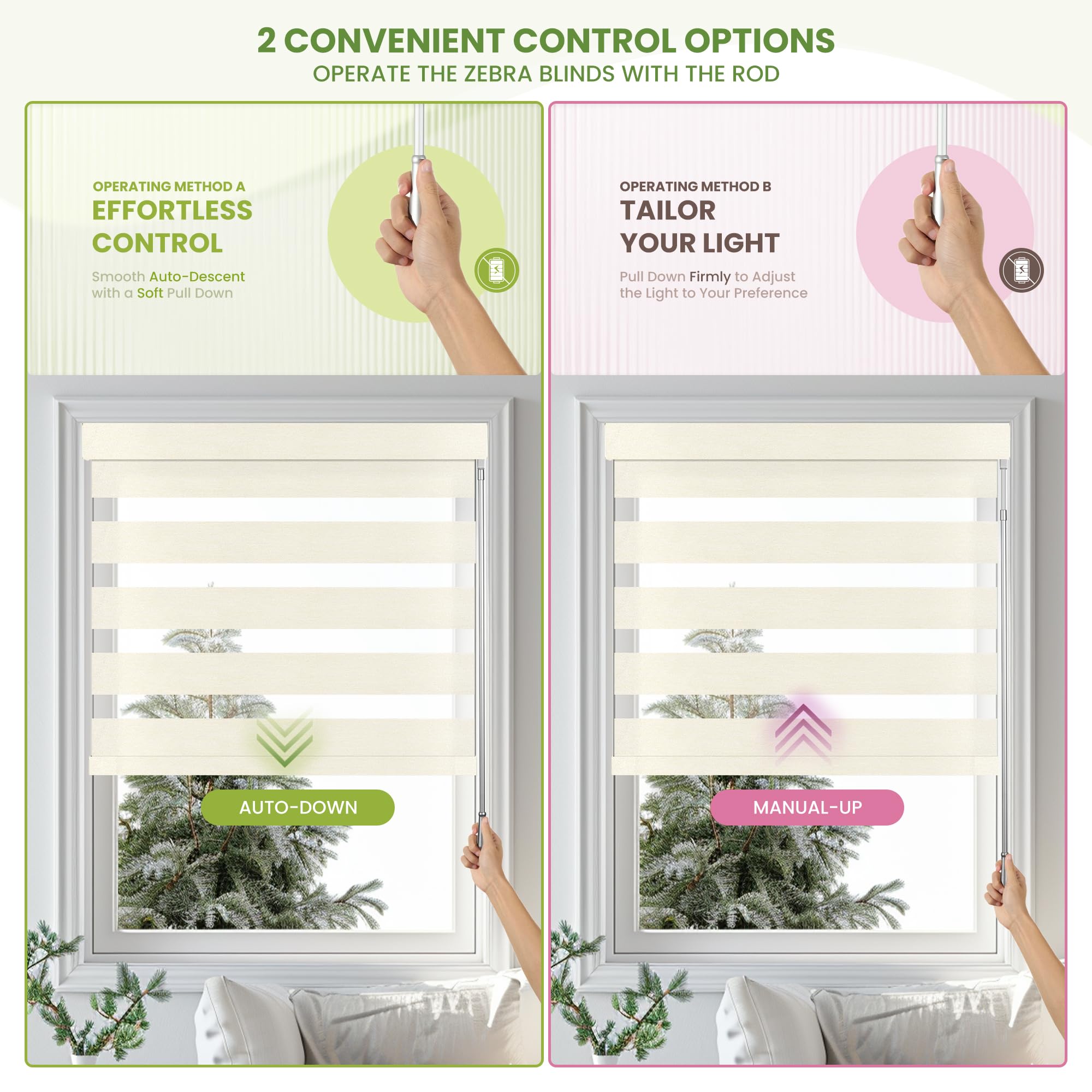 MoDanCeQ Zebra Blinds for Windows,Cordless Zebra Shades with Fabric Wrapped Cassette,Light Filtering Custom Window Blinds with UV Protection, Light Beige, 43