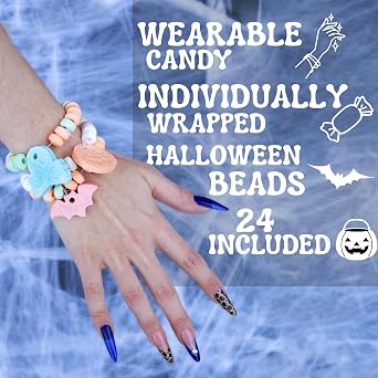 Halloween Candy Bracelets, Trick or Treat Pass Out Candies, 24 Count | Individually Wrapped, Assorted Spooky Shapes, Mixed Fruit Flavor
