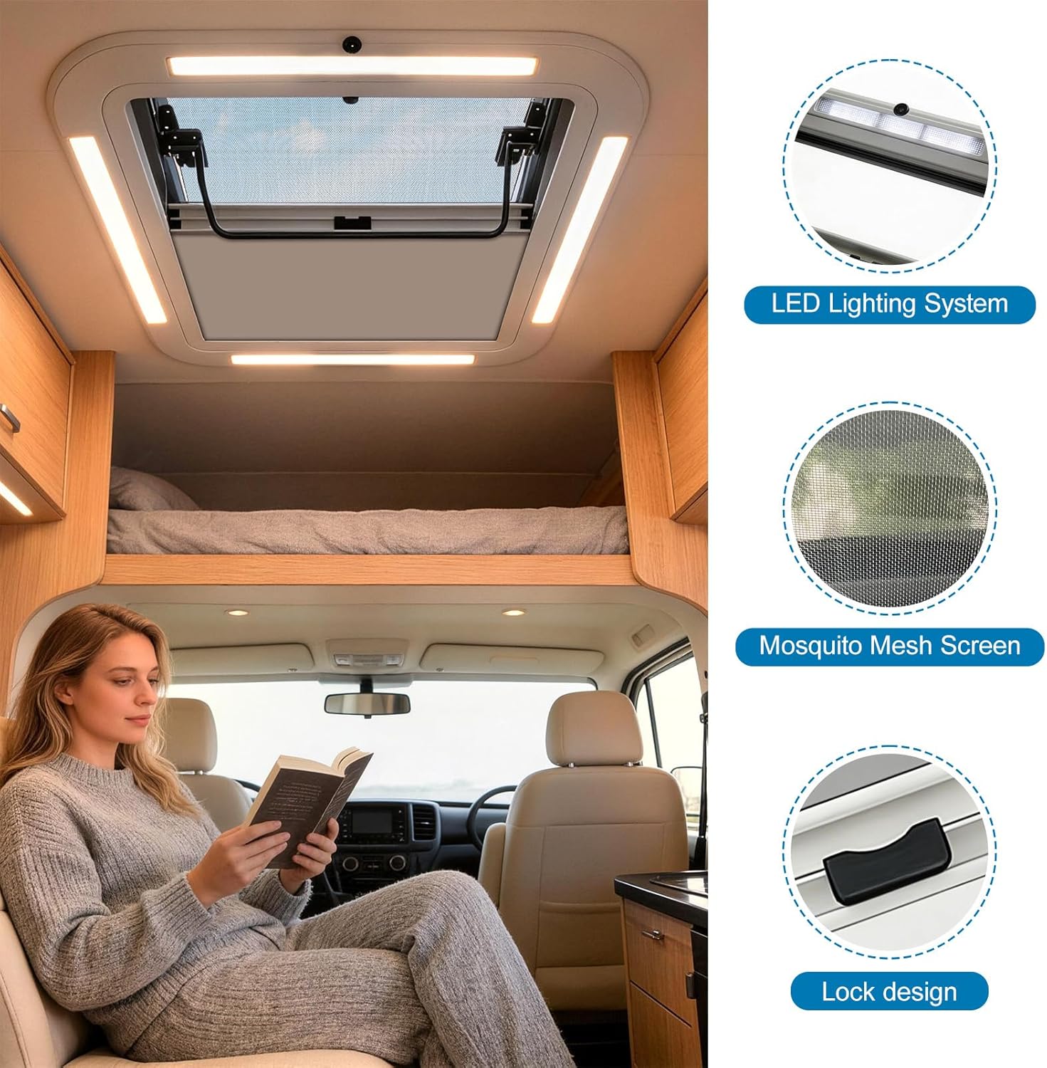 31.5X19.7IN RV Skylight Replacement with Interior LED Light, Roof Vent Window for Camper & Trailer, Leak-Proof, Easy Installation (80X50CM)