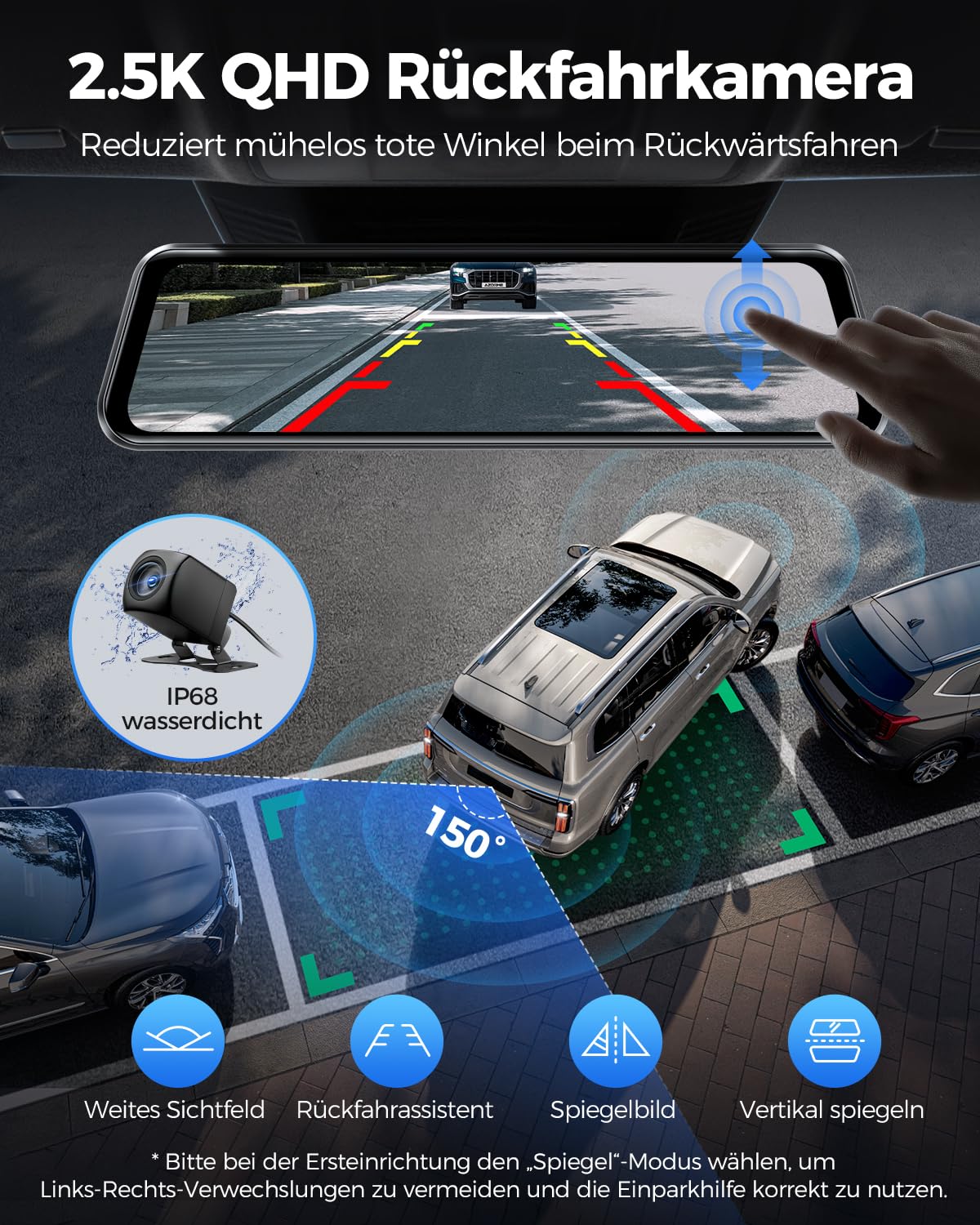 AZDOME Dashcam Auto Vorne Hinten, 4K Spiegel Dashcam 4K+2.5K Rückspiegel Kamera mit 64GB Karte, 5.8GHz WiFi GPS, 12 Zoll IPS Touchscreen, Super Nachtsicht, WDR, Sprachsteuerung, PG17 MAX
