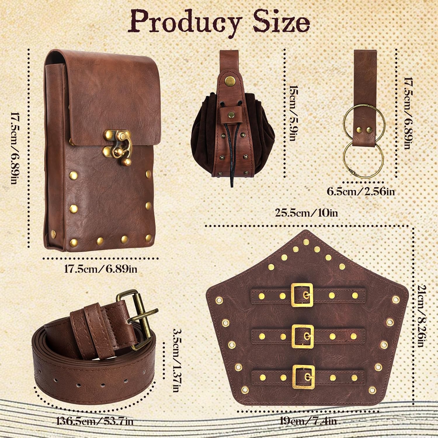 Renaissance Belt Pouch Set​​ Medieval Viking Pirate Leather Belt Pouch​​ & Bracers, Accessories for Halloween (Pirate Belt-Brown)