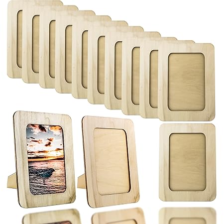 Vmiapxo 10 Pack Unfinished Wooden Picture Frames for 4" x 6" Photos, Standing Postcard Picture Frame Set DIY Keepsake Kit Decoratable Wooden Coards for Crafts