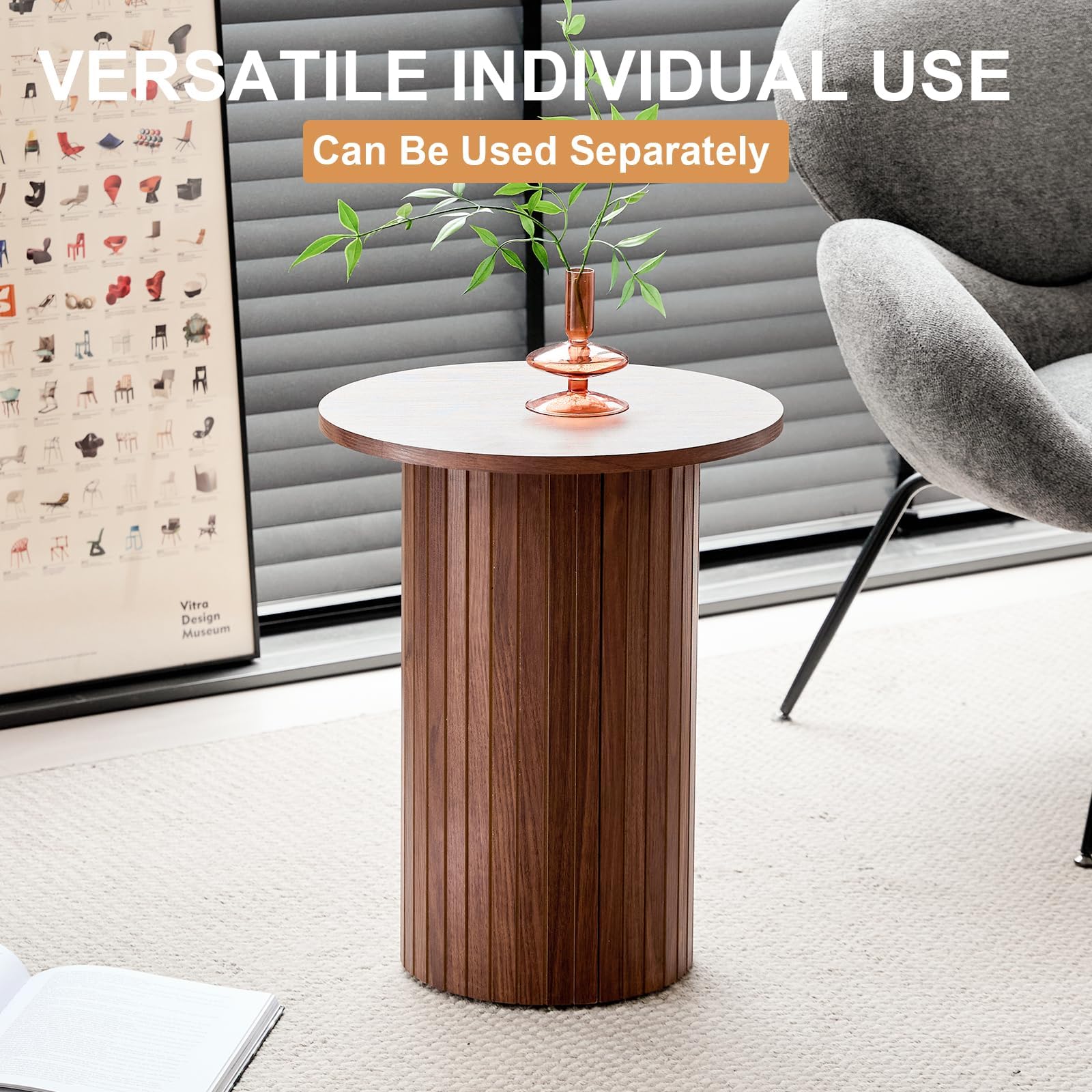Set di 2 Tavolini da Caffè Rotondi Impilabili con Base Cilindrica; Tavolino Moderno con Piano in MDF e Base a Doghe in Legno (Noce/Vinatura legno)