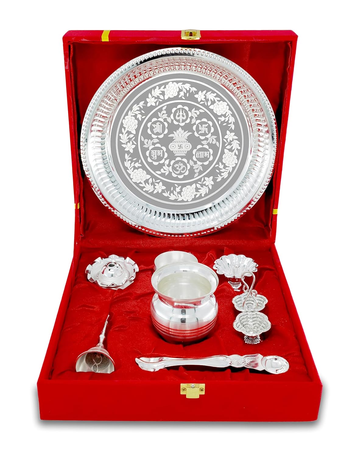 BENGALEN Pooja Thali Set Silver Plated with Red Gift Box Designed 8 Inch Puja Plate Kalash Bowl Ghanti Spoon Dhup Dan Diya for Home Office Diwali Wedding Return Gift Items