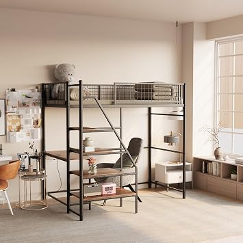 Metal Loft Bed Twin with Desk and Storage Stairs for Kids, Heavy Duty Loft Bed with Charging Station and LED Lights, Black
