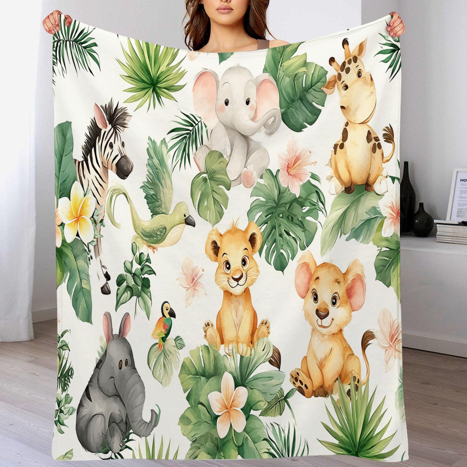 Couverture en flanelle douce imprimé aquarelle animaux et plantes