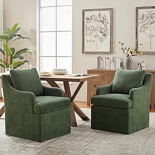 VKNOW Upholstered Dining Chairs Set of 2, Modern Kitchen Chairs Dining Room Chairs with 4 Casters, Linen Armchair for Bedroom Reading Room Living Room, Green
