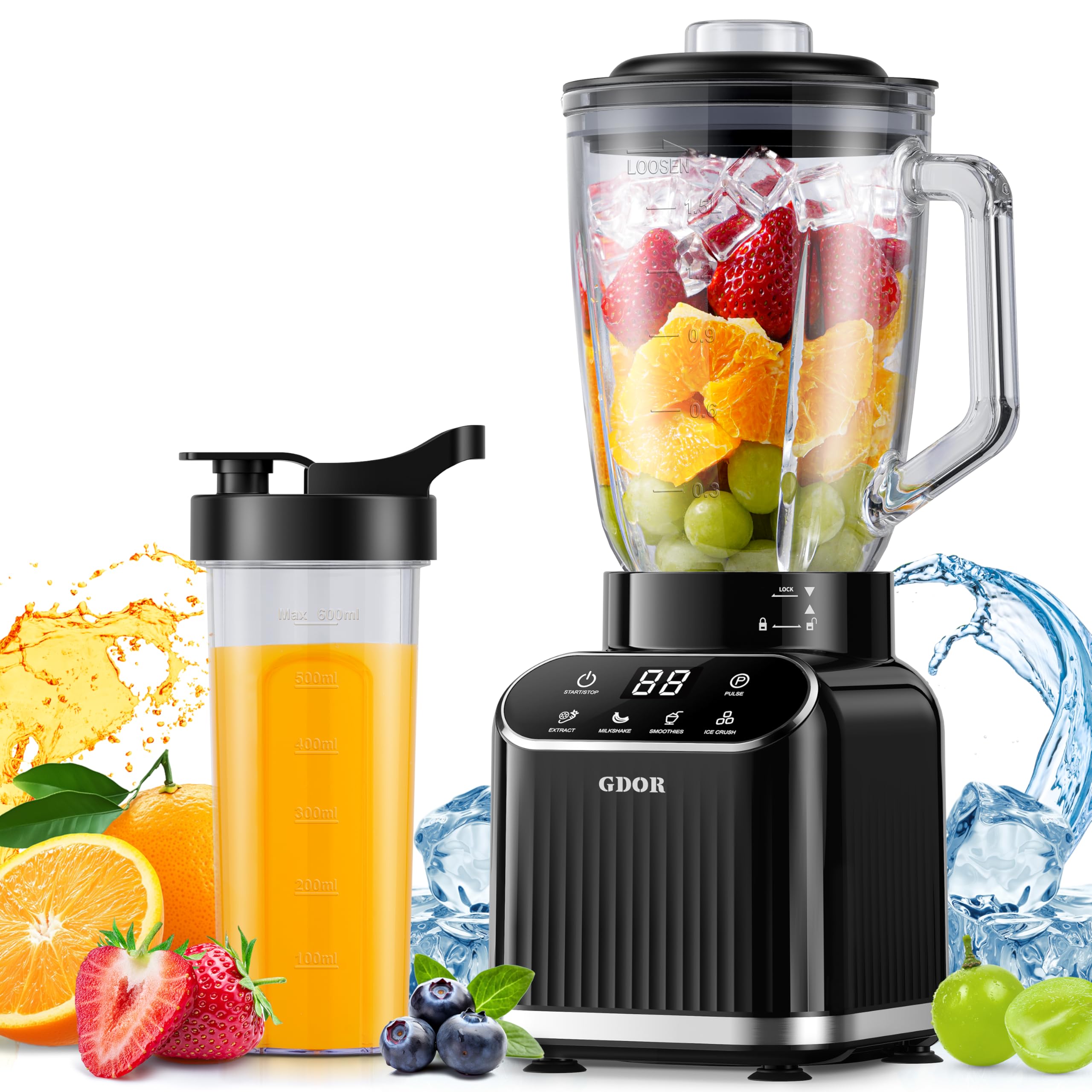 GDOR Blender Blender professionnel 1200 W avec 5 programmes, récipient en verre de 1,5 l, gobelet à emporter de 700 ml, mixeur pour smoothies, shakes, écraser la glace, fruits congelés et jus