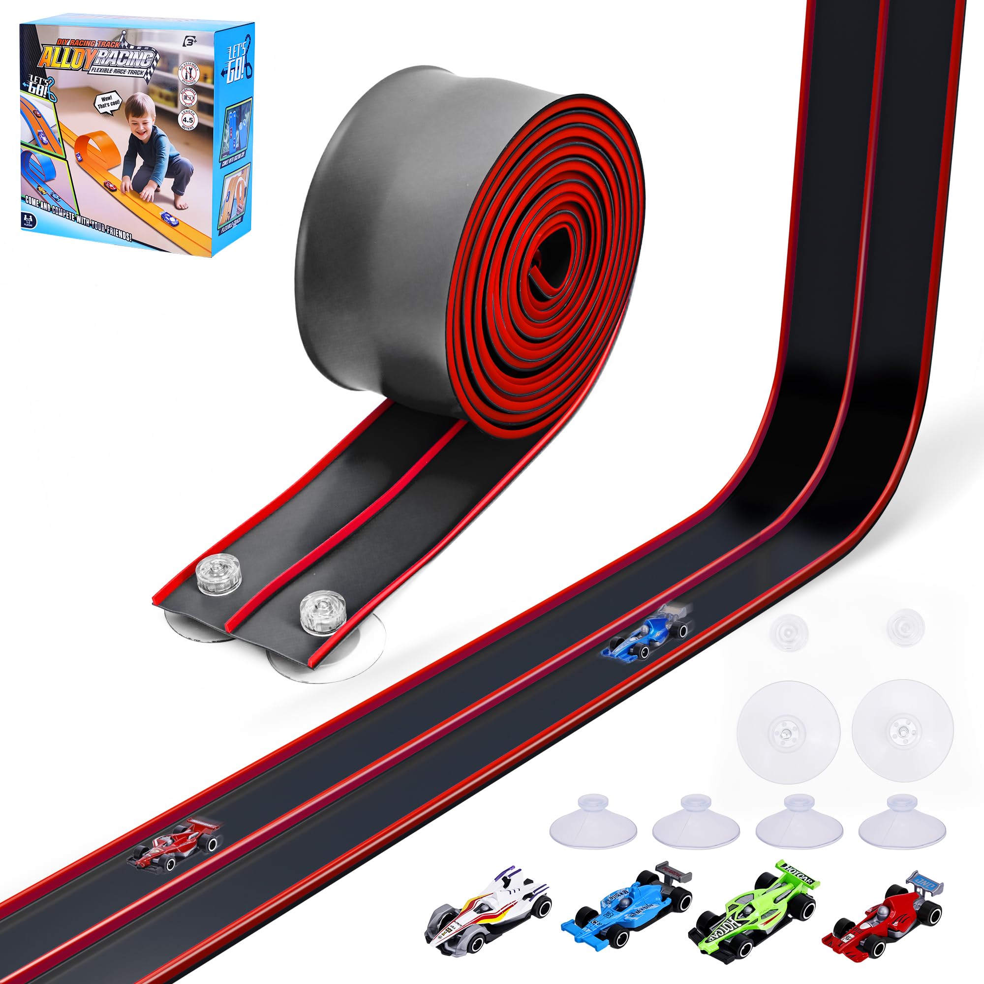 4.5m Flexible Race Car Track for Kids Double-Sided Racetrack and Dual Racetrack,Compatible with 1:64 Diecast Cars
