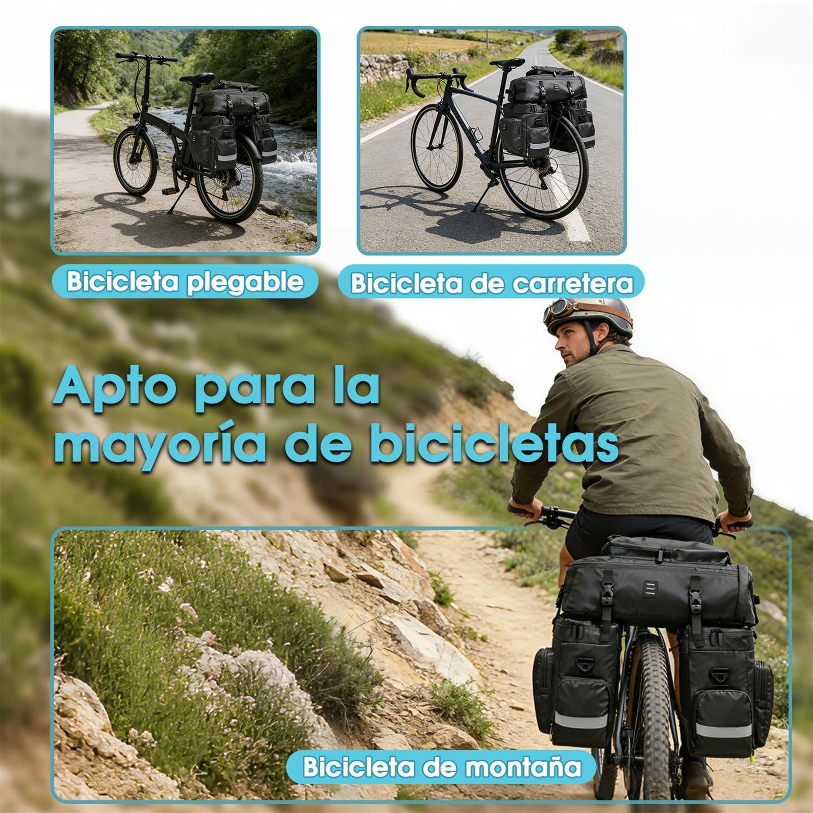 3 en 1 Bolsa de Alforja para Bicicleta Impermeable Gran Capacidad Bolso Bicicleta Multifuncional Bolsa Trasera de Bicicleta, Mochila, Bolso de Hombro con Funda para Lluvia para Ciclismo
