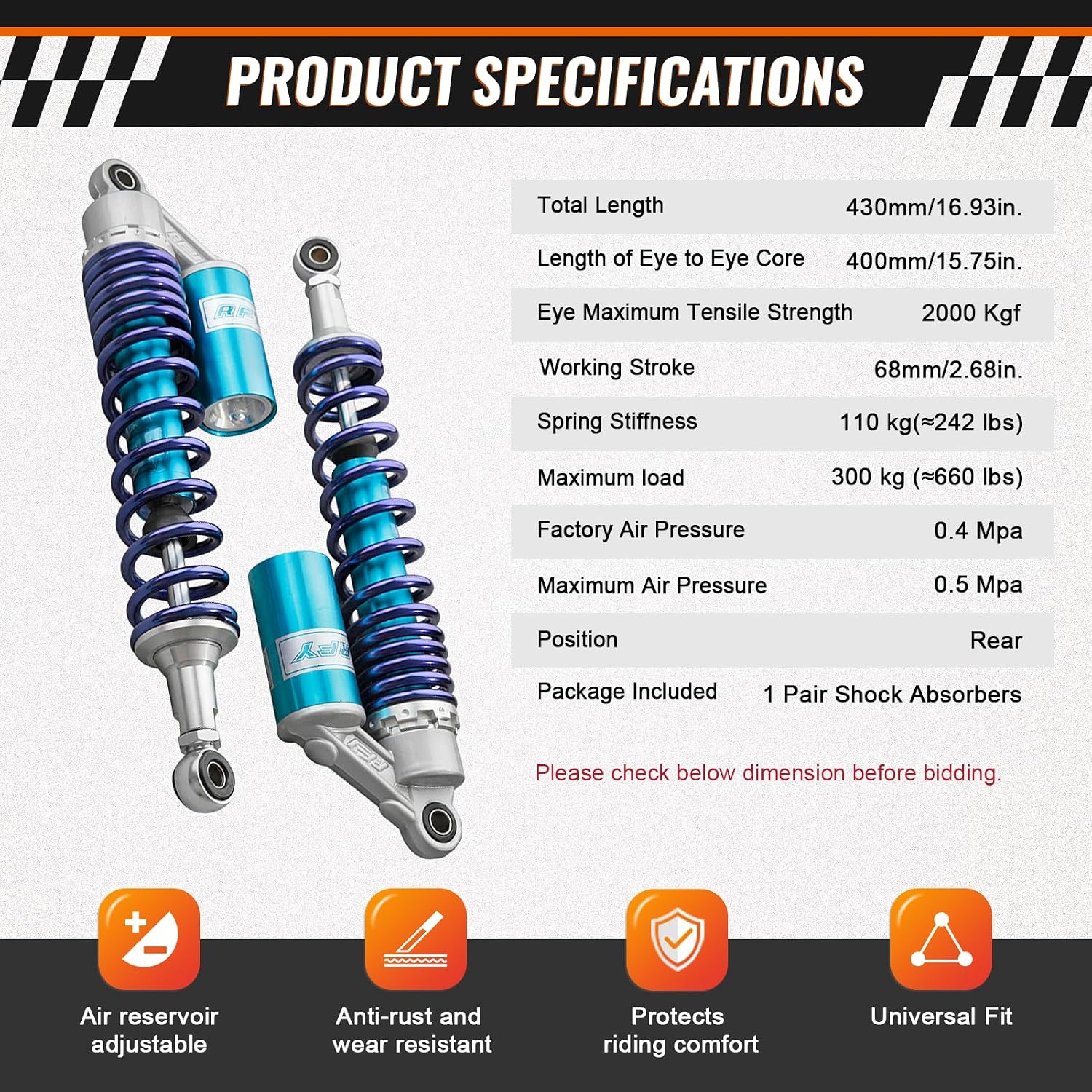 15.7" 400mm Motorcycle Air Shock Absorbers,ATV Shock Absorbers Adjustable Go Kart Suspension Universal for HONDA, for Yamaha, for Suzuki, for Kawasaki ATV Go Kart Quad Dirt Sport Bikes