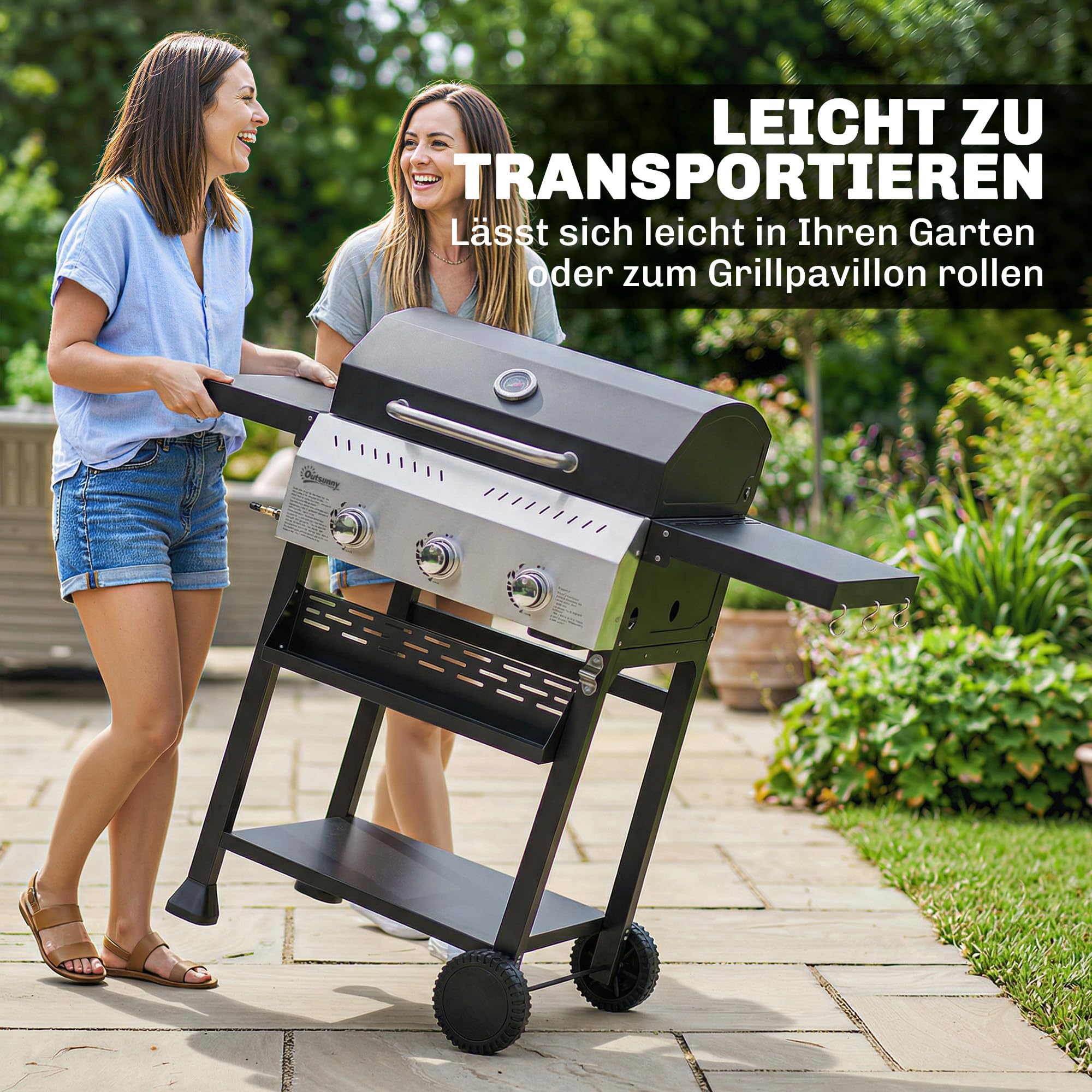 Outsunny Gasgrill 9 KW 3 Brenner BBQ Grillwagen Edelstahl inkl klappbar Seitentisch Gewürzhalter Unterregal 6 Haken Thermometer Emaille-Grillrost Warmhalterost Rolle Gas-Grill für Balkon Party