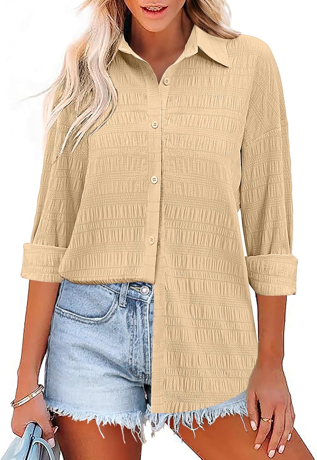 HOTOUCH Oversized Women Button Down Shirt Lightweight Square Textured Long Sleeve Blouse Drop Shoulder Tunic Tops S-XXL