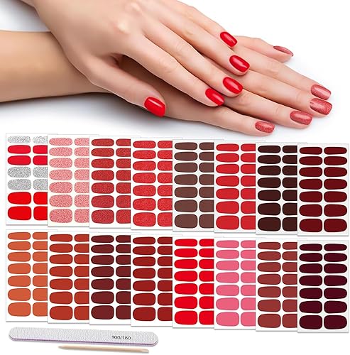 DANNEASY 16 hojas de calcomanías de esmalte de uñas rojas, envolturas completas de uñas, tiras de gel de color sólido, tiras de esmalte de uñas