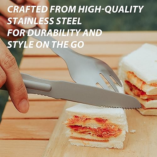 Miniatura 2 de PortableAnd Juego de utensilios de camping 4 en 1 cuchara, tenedor, cuchillo, pinzas, multiherramienta de acero inoxidable para cocinar al aire