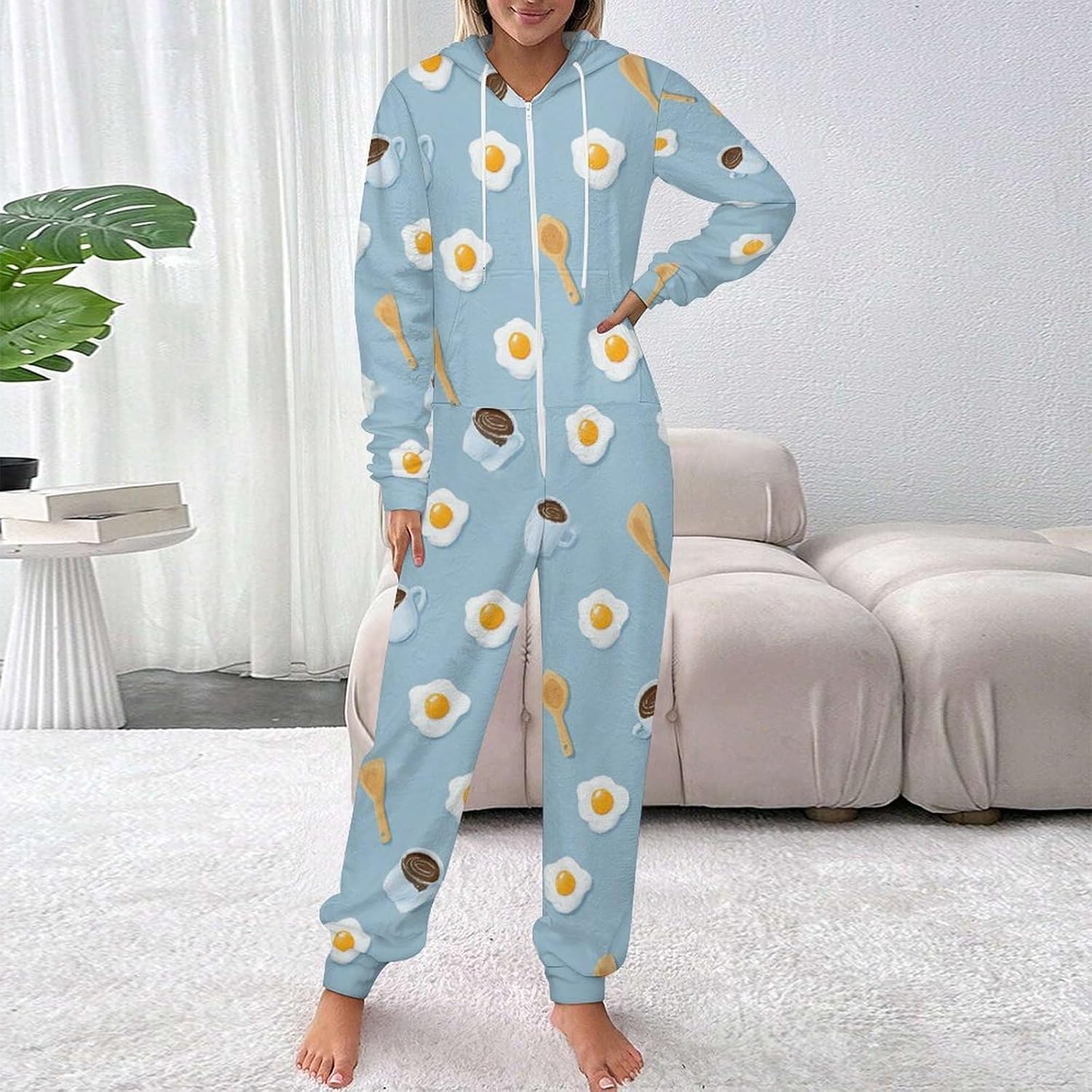 Adult Flannel Hoodie One Pieces Pjs Sets Egg Coffee One-Piece Pajama for Women & Men Soft Warm 4X-Large