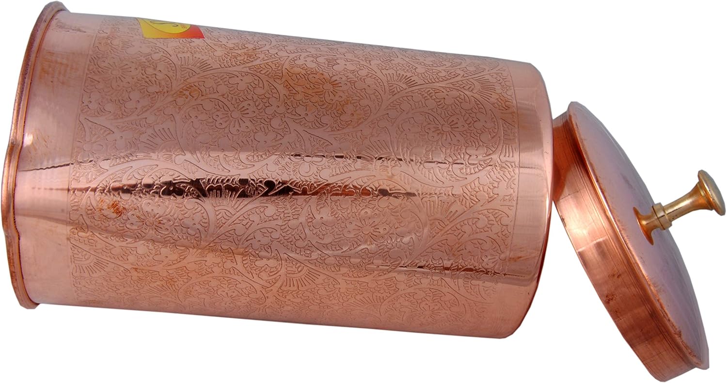 Shiv Shakti Arts® Designer Eatching, Embossed Design Pure Copper Jug Glasses Set | Drinkware Set- (Capacity - 1 Liter) - 2 Pieces Set