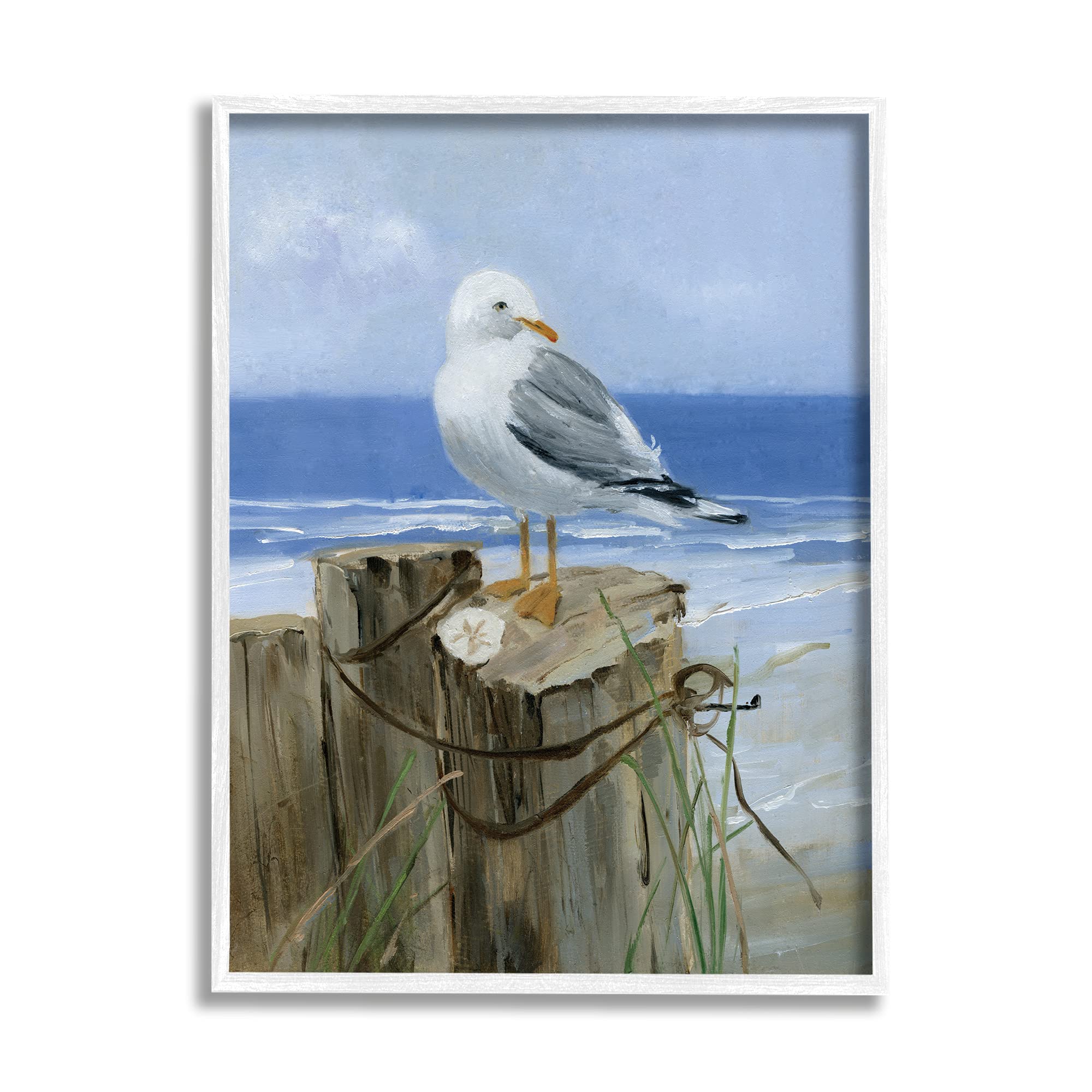 Stupell Industries Seagull Sand Dollar on Soft Nautical Beach Post, Designed by Sally Swatland White Framed Wall Art, 16 x 20, Blue