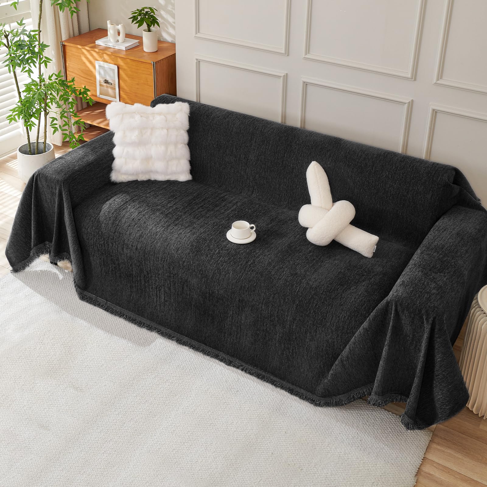 Royhom Chenille Sofa Covers 2 Seater, Corner Sofa Cover L Shape, Washable Couch Cover with Tassel, Soft Couch Covers for Dogs, Breathable, All-season Universal (Black, 180x260cm)