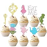24 Pack Alice In Wonderland Cupcake Toppers Glitter Bowl Key Clock Fairy Eat Me Cupcake Picks Tea Party Cake Decorations for Baby shower Kids Boys Girls Birthday Party Decoration Supplies Pattern A