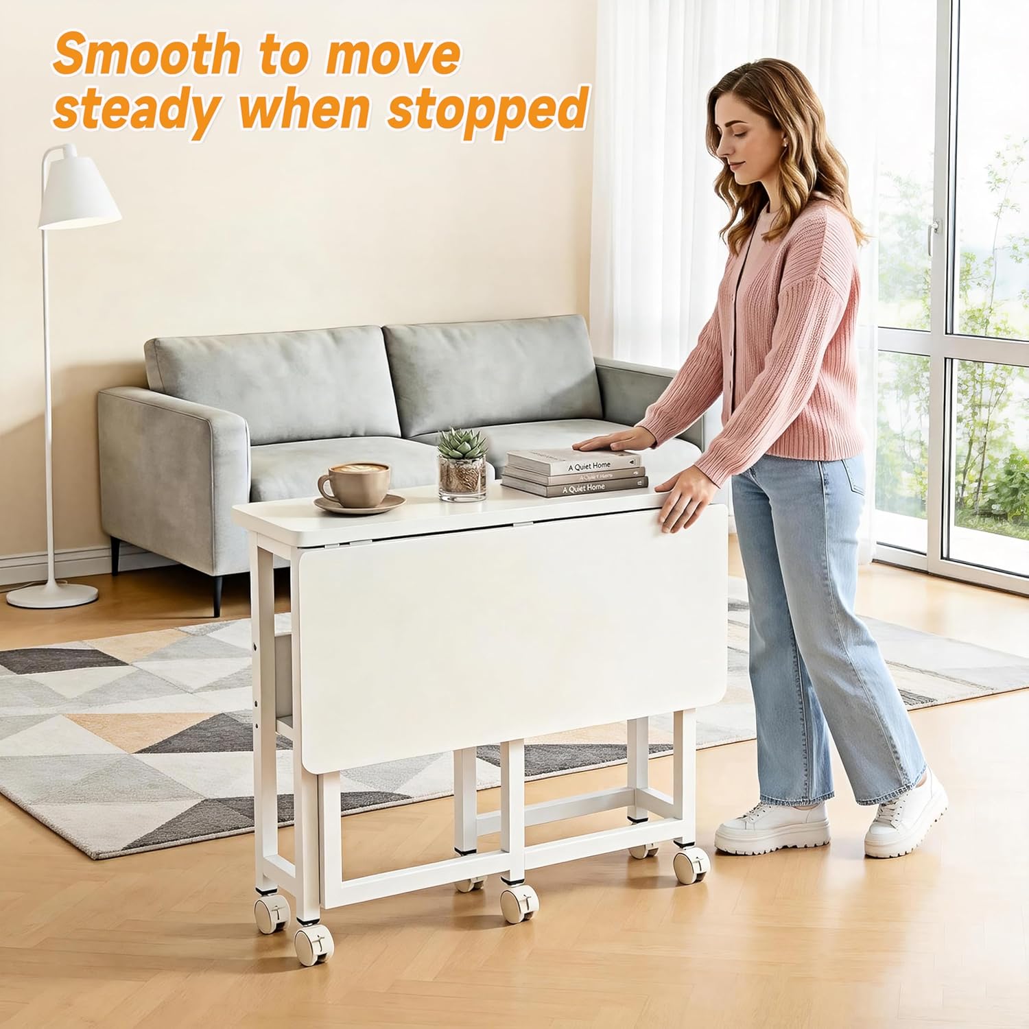 Dogsky Folding Table with 6 Wheels - 30Hx31.5Wx23L Inch Standing Rolling Desk with Storage - Mobile Foldable Hidden Computer Table - Fold Out Desk Cabinet for Small Spaces, Living Room, Home Office