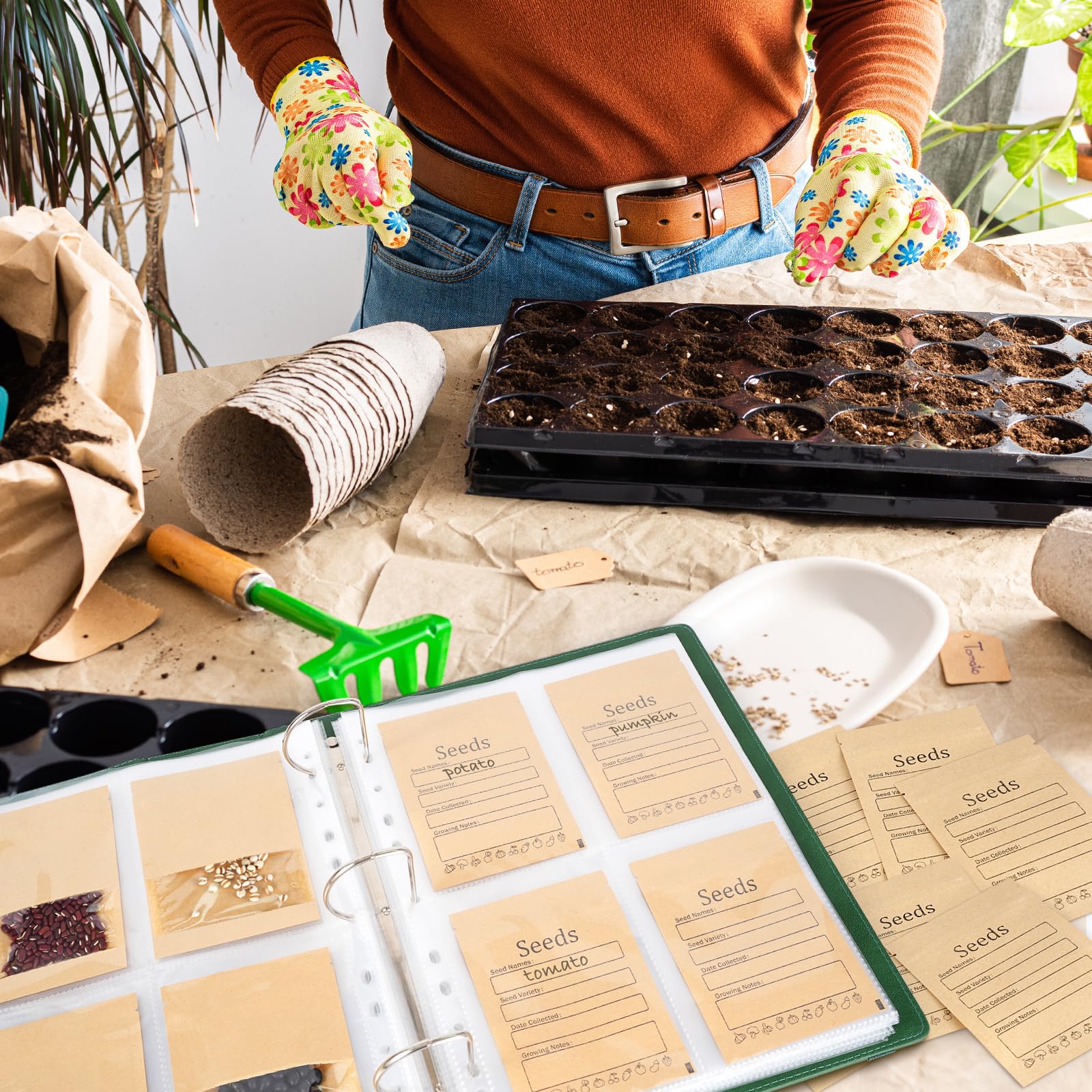 SUMMORO Organiseur de rangement de graines - Organiseur de paquets de graines de jardin avec 50 pochettes qui stockent 200 enveloppes de graines - 100 enveloppes refermables pour le stockage des