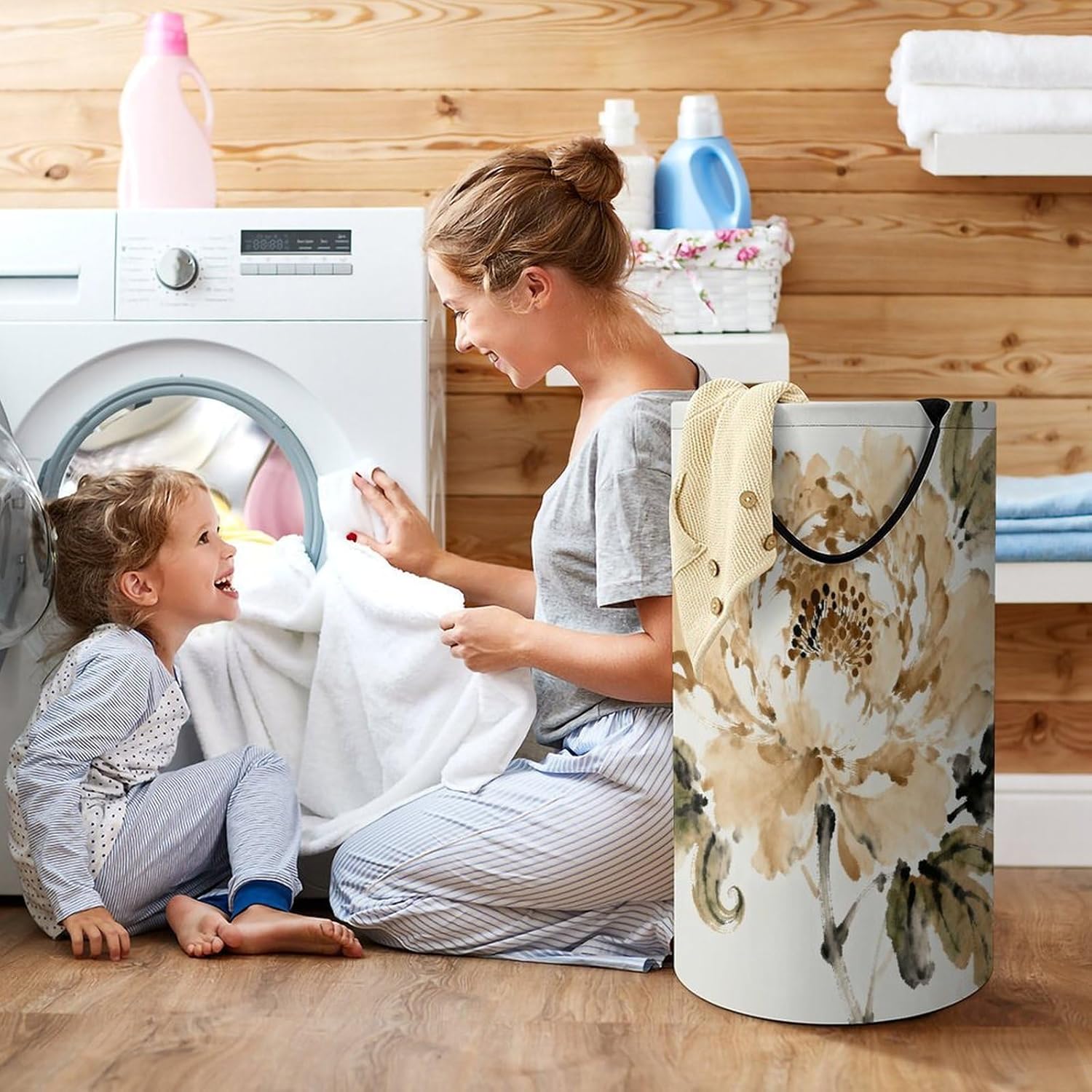 F-khaki Ink Floral Laundry Hamper with Handles Waterproof Collapsible Laundry Basket Large Lightweight Round Dirty Clothes Hamper for Home Dorm Bathroom Decor