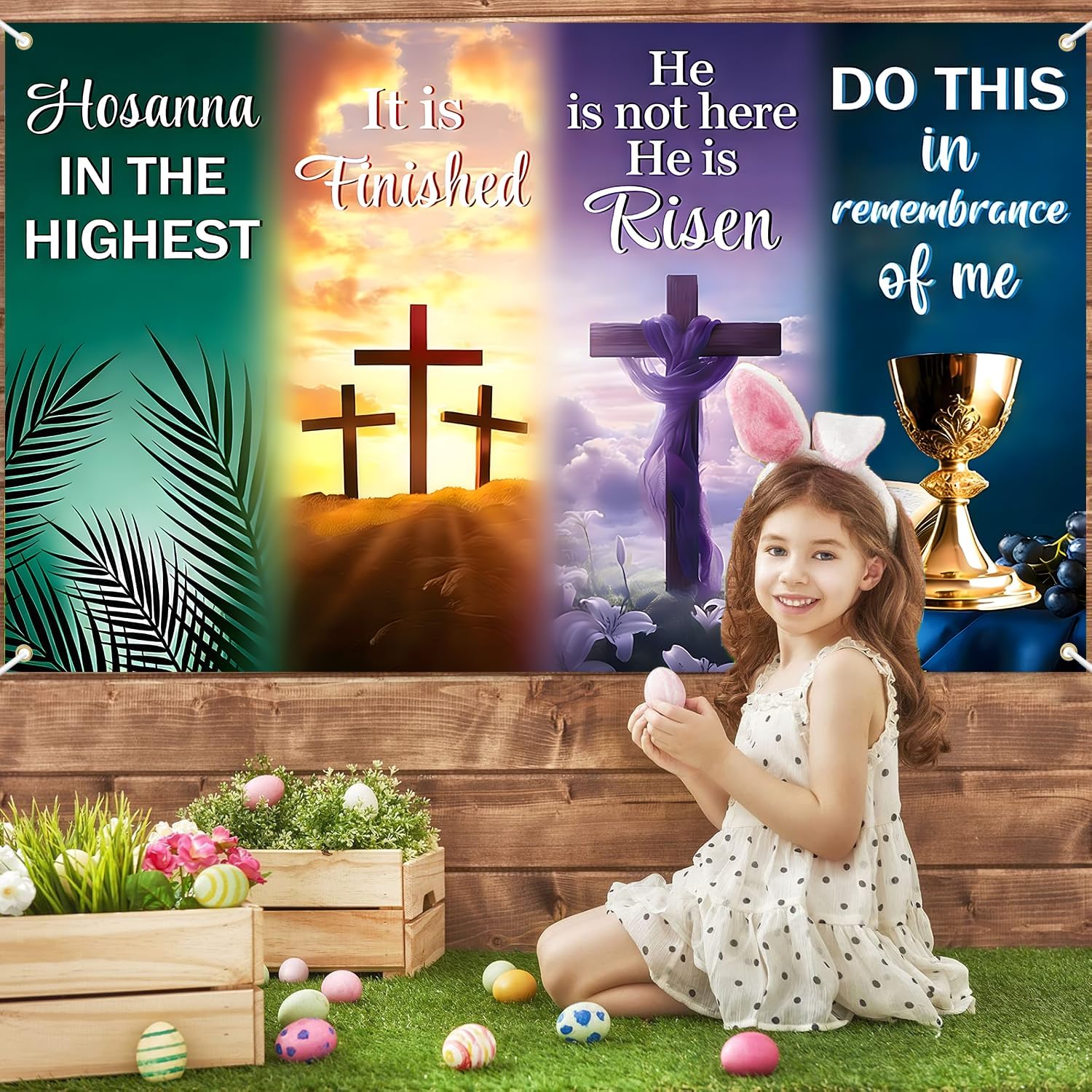 Easter Church Banners Decorations - He is Risen Easter Banners For Church, Easter Banner Backdrop Large Cross Religious Verse Backdrop Background for Christian Jesus Spring Party Decorations