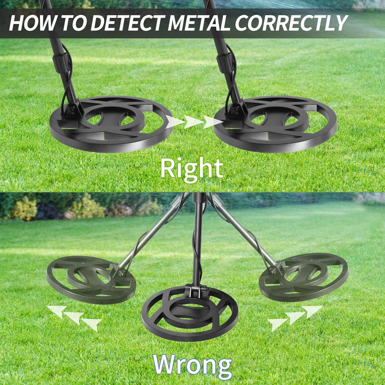 Diagram illustrating correct and incorrect metal detector sweeping techniques. The correct method shows the coil parallel to the ground, while the incorrect method shows the coil tilted upwards at the ends of the sweep.