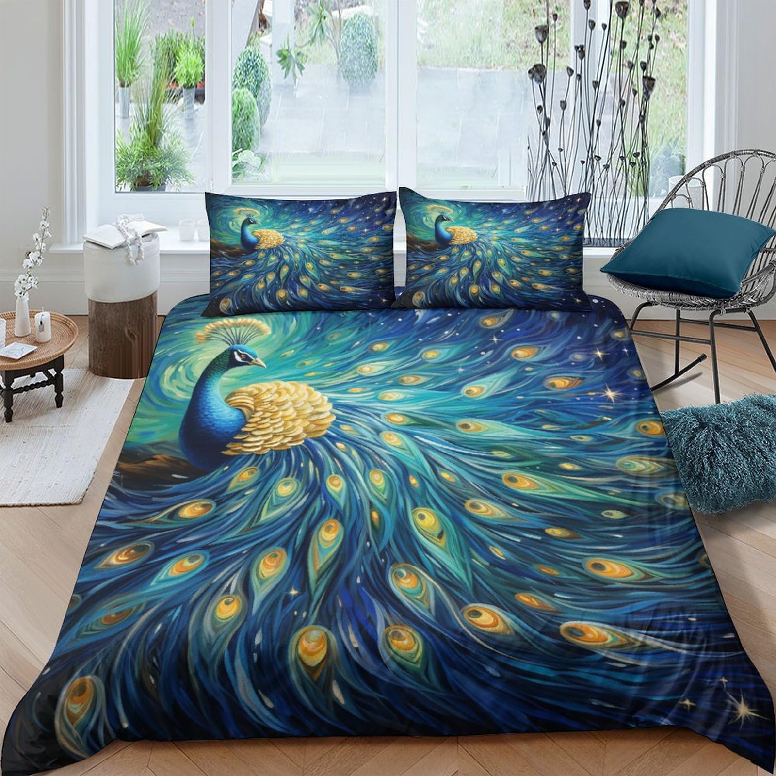 NAHCBIOT Peacock Duvet Cover Set 3D Bedding Set Decorative Microfiber Polyester Colour Comforter Cover with Pillow Shams,3 Piece Set Quilt Cover King（220x240cm）