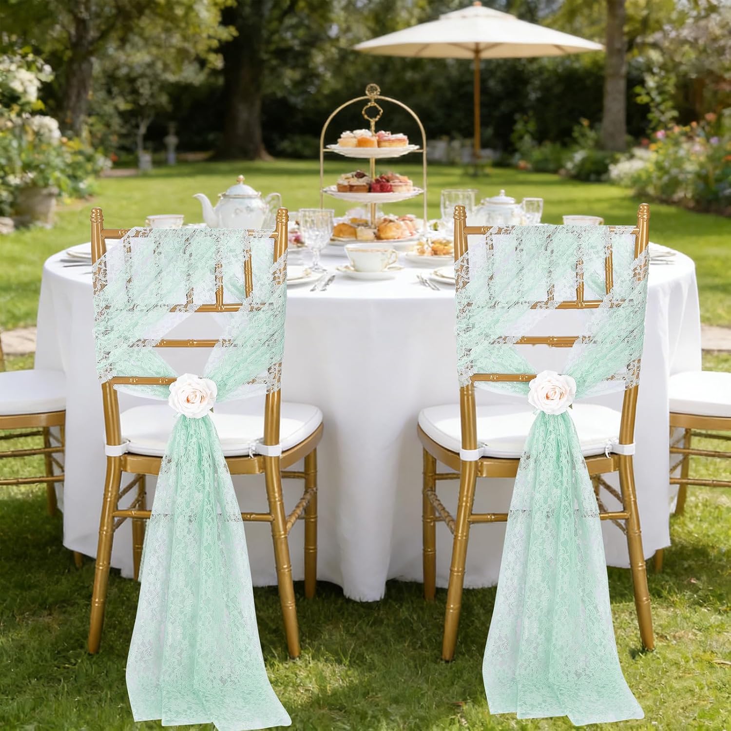 QueenDream Light Green Lace Wedding Chair Sashes 32 Pieces Vintage Boho Rustic Draping Fabric for Ceremony Reception Outdoor Chair Decorations