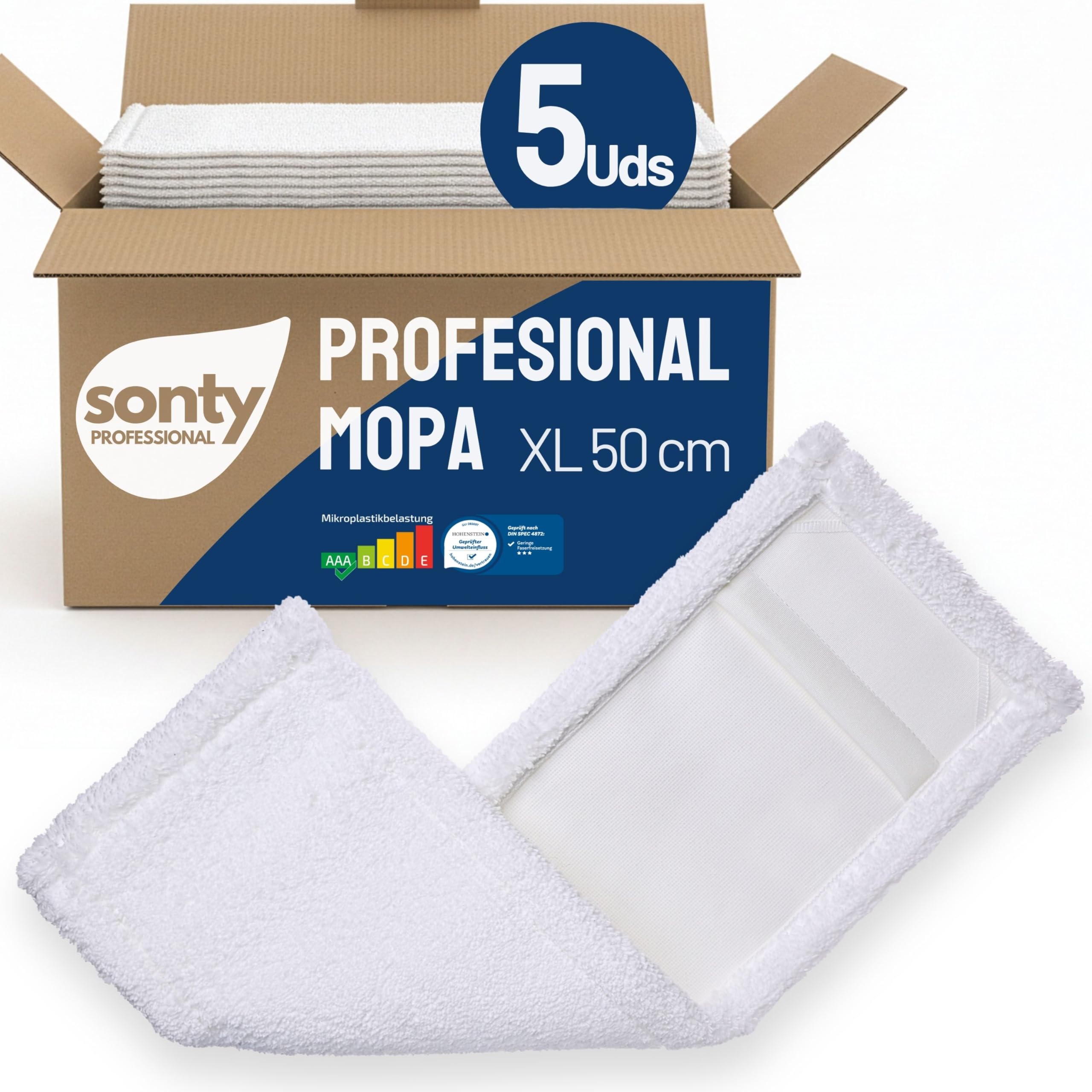 SONTY Funda de fregona 50 cm Microfibra – Juego de 5 recambios para Soporte Plegable | Mop de Microfibra para hogar, hostelería & Uso Profesional | Lavable 60–95°C