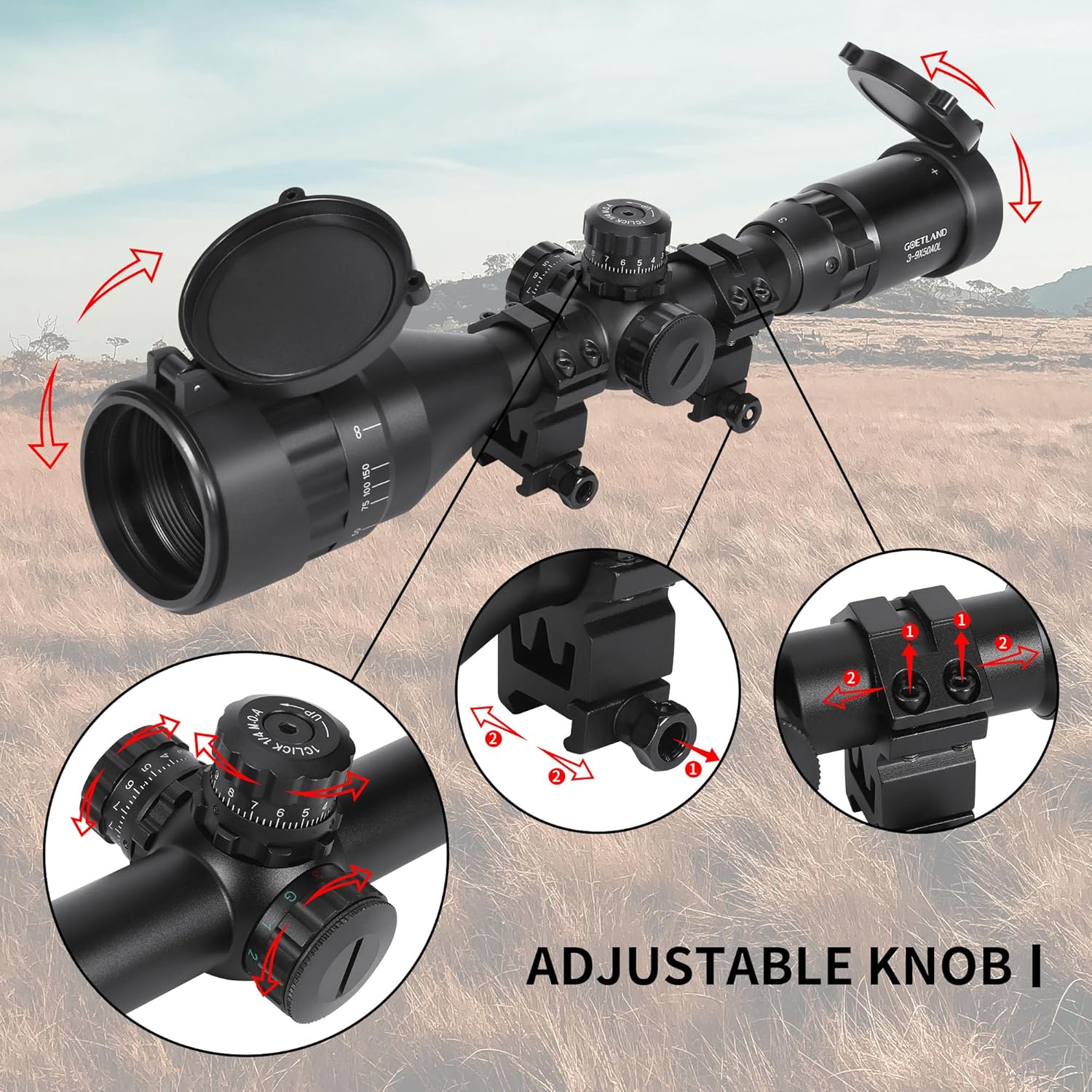 Close-up of the Goetland Rifle Scope showing adjustable windage and elevation turrets, and mounting ring adjustments.