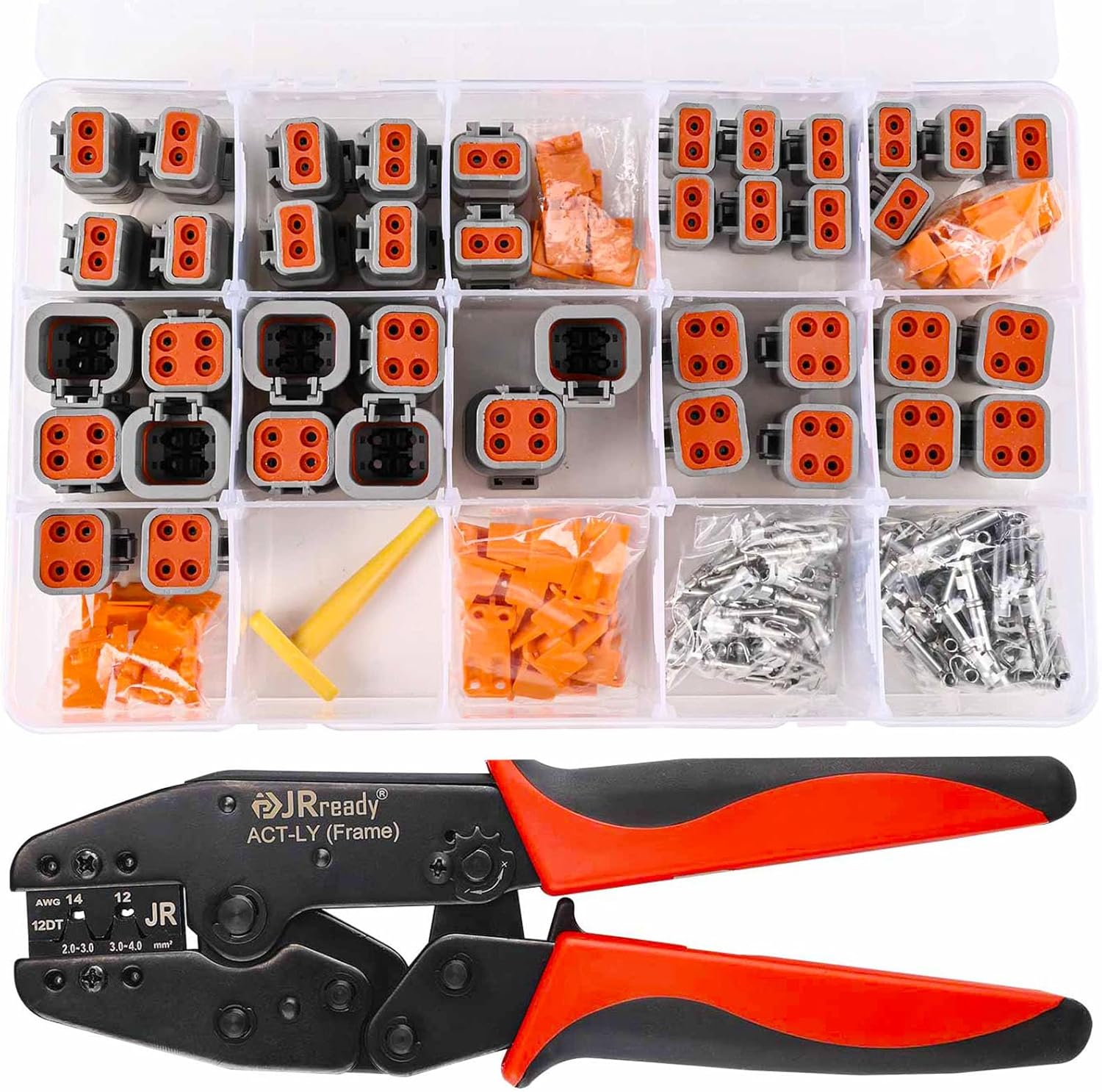 JRready ST6337 Deutsch DTP Connector Kit with Crimper, 2 4 Pin Waterproof Connectors 10 Sets with Ratcheting Terminal Crimping Tool, Size 12 Stamped Contacts 14-12 AWG, Deutsch Pin Removal Tool