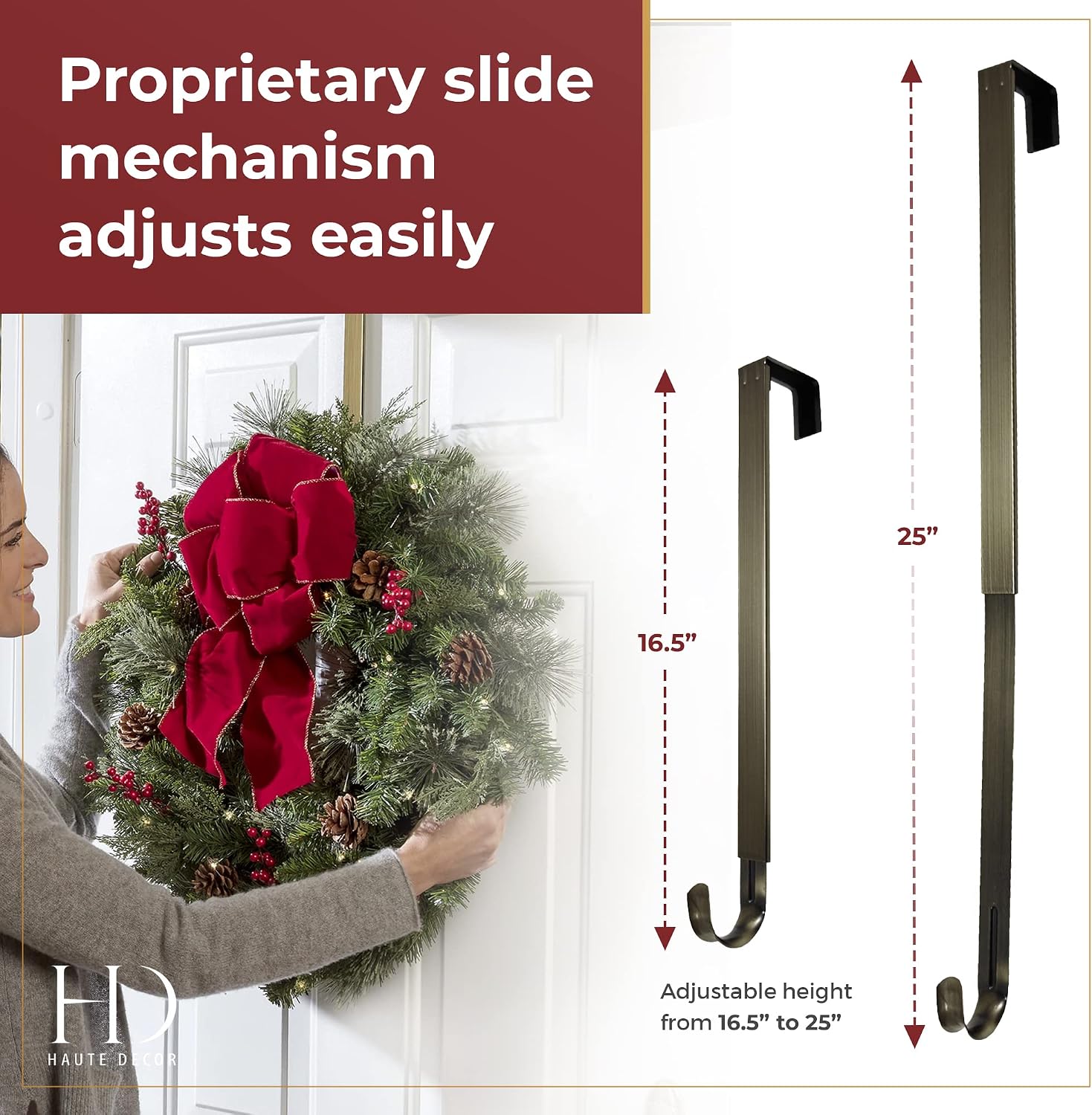 Haute Decor Adapt Adjustable Length Wreath Hanger with Interchangeable Icons (Antique Brass-Sun/Snowflake/Butterfly/Fleur de lis)