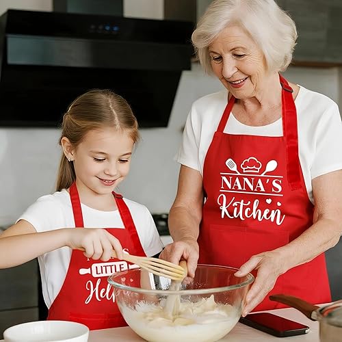 Miniatura 4 de GROBRO7 Juego de 2 delantales para niños y adultos, regalo para abuelas, cocina de abuela roja y pequeño ayudante, delantales de cocina ajustables