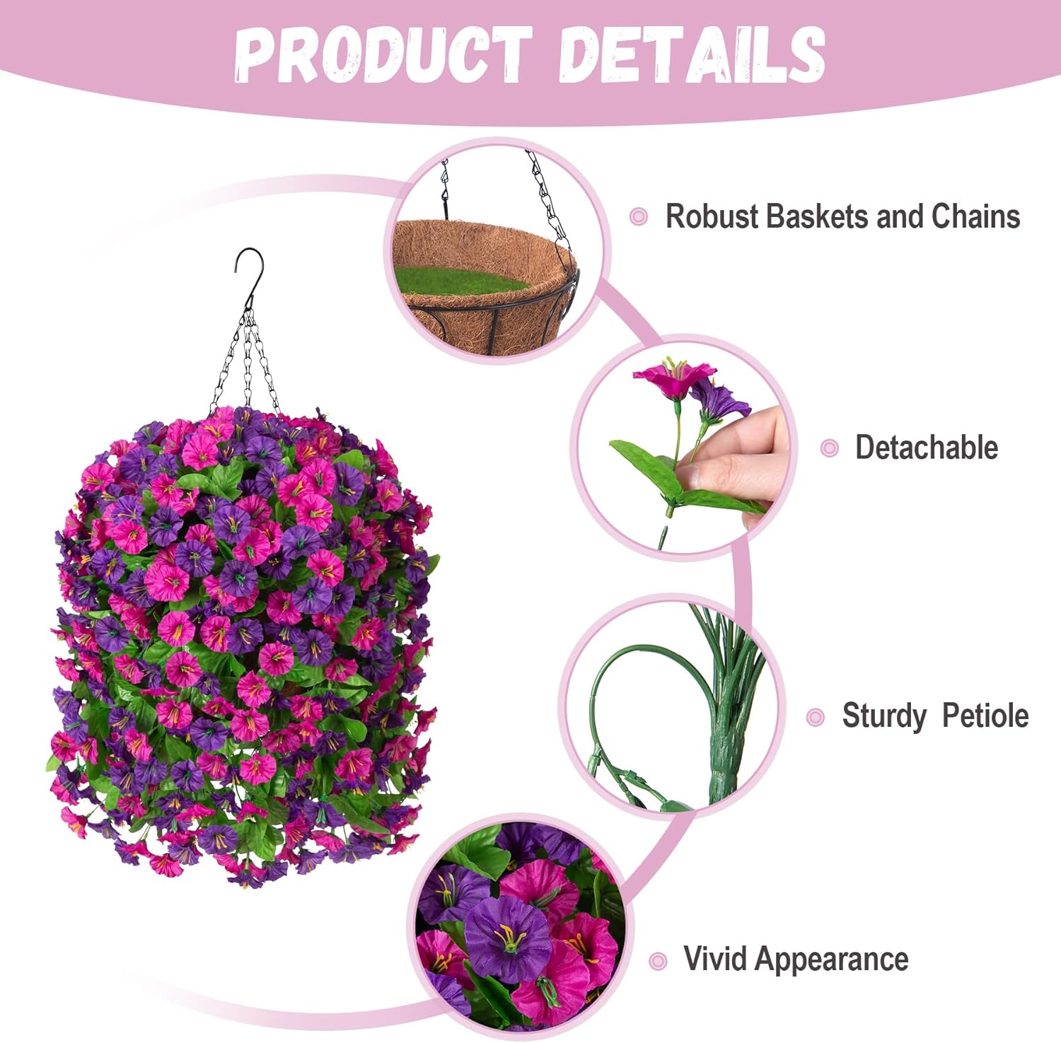 Artificial Flowers with Hanging Basket, Outdoor Faux Plants Silk Morning Glory Vines, Fake Green Arrangement for Garden Patio Spring Summer Decor(Purple Red Violet) - Image 2