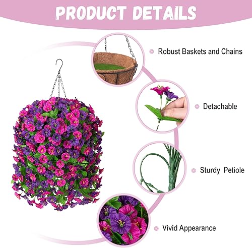 Miniatura 17 de Artificial Flowers with Hanging Basket, Outdoor Faux Plants Silk Morning Glory Vines, Fake Green Arrangement for Garden Patio Spring Summer