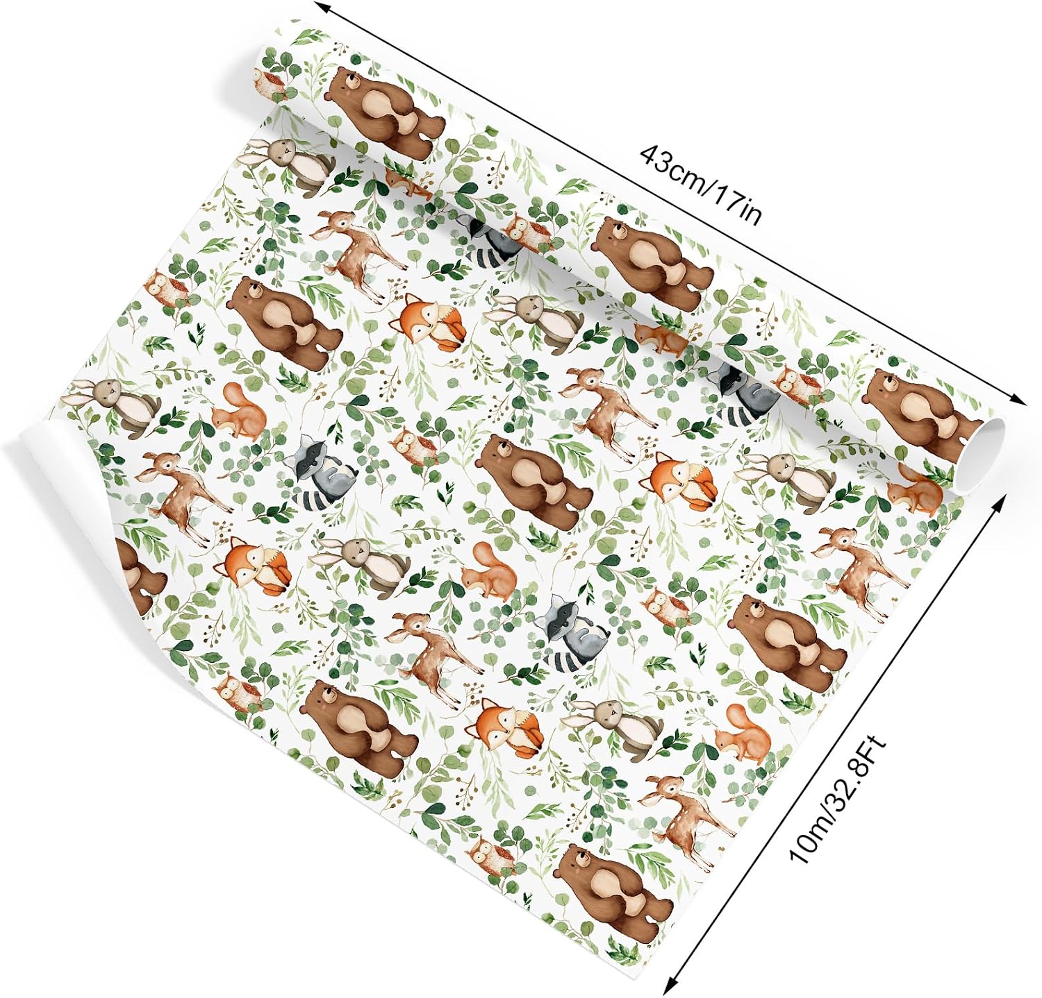 FYSUIMU Woodland Animal Wrapping Paper -Mini Roll- 17 In x 32.8 Ft Forest Animal Eucalyptus Leaves Gift Wrap Paper for Holiday Birthday Baby Shower Party