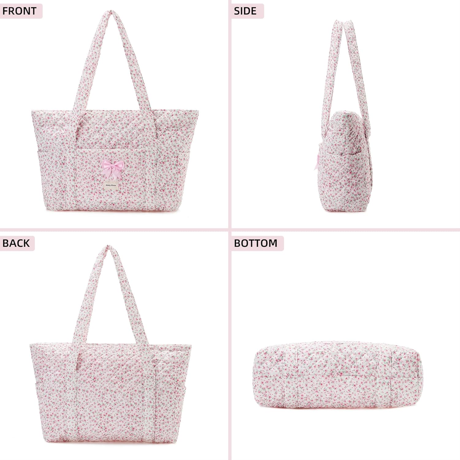 YoriBerry Floral Quilted Tote Bag for Women, Peony Tote Bag with Zipper, Quilted Cotton Shoulder Bag for Women, Pink Floral Bag for Work, Travel, Daily, Women's Gifts for Sister Teachers2