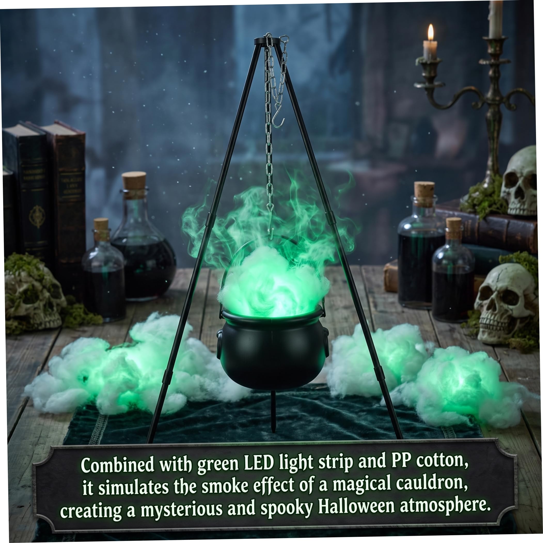 Chaudron de sorcières décor d'halloween avec Bande LED Verte et Coton PP, Chaudron d'halloween avec trépied |., 30, 71 Pouces de Hauteur, 7, 87 Pouces diamètre.
