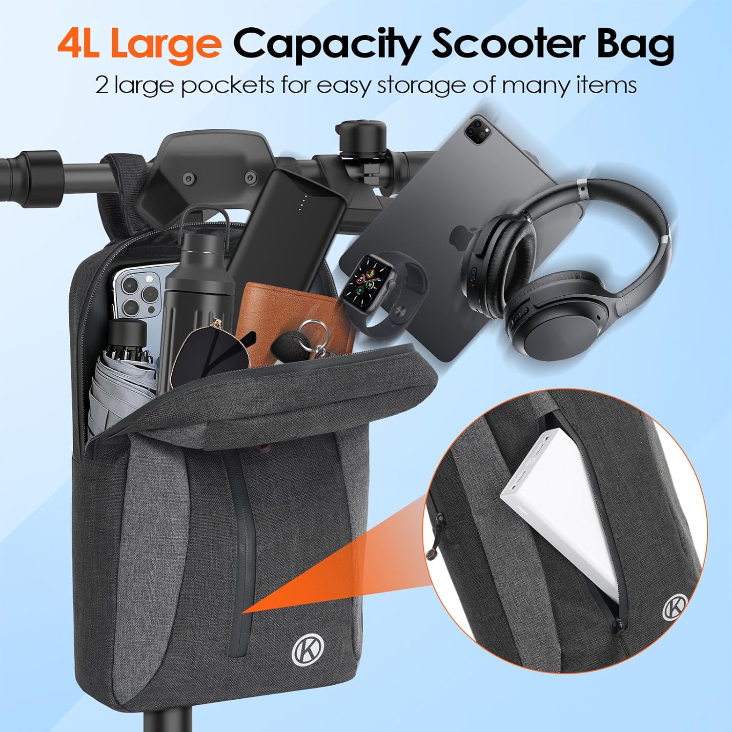 Electric Scooter Bag with Shoulder Strap,4L Large Capacity Universal Storage Bag for Scooter&Bike,Portable Handlebar Scooter Accessories for Carrying Phone,Wallet,Bottle,Tools