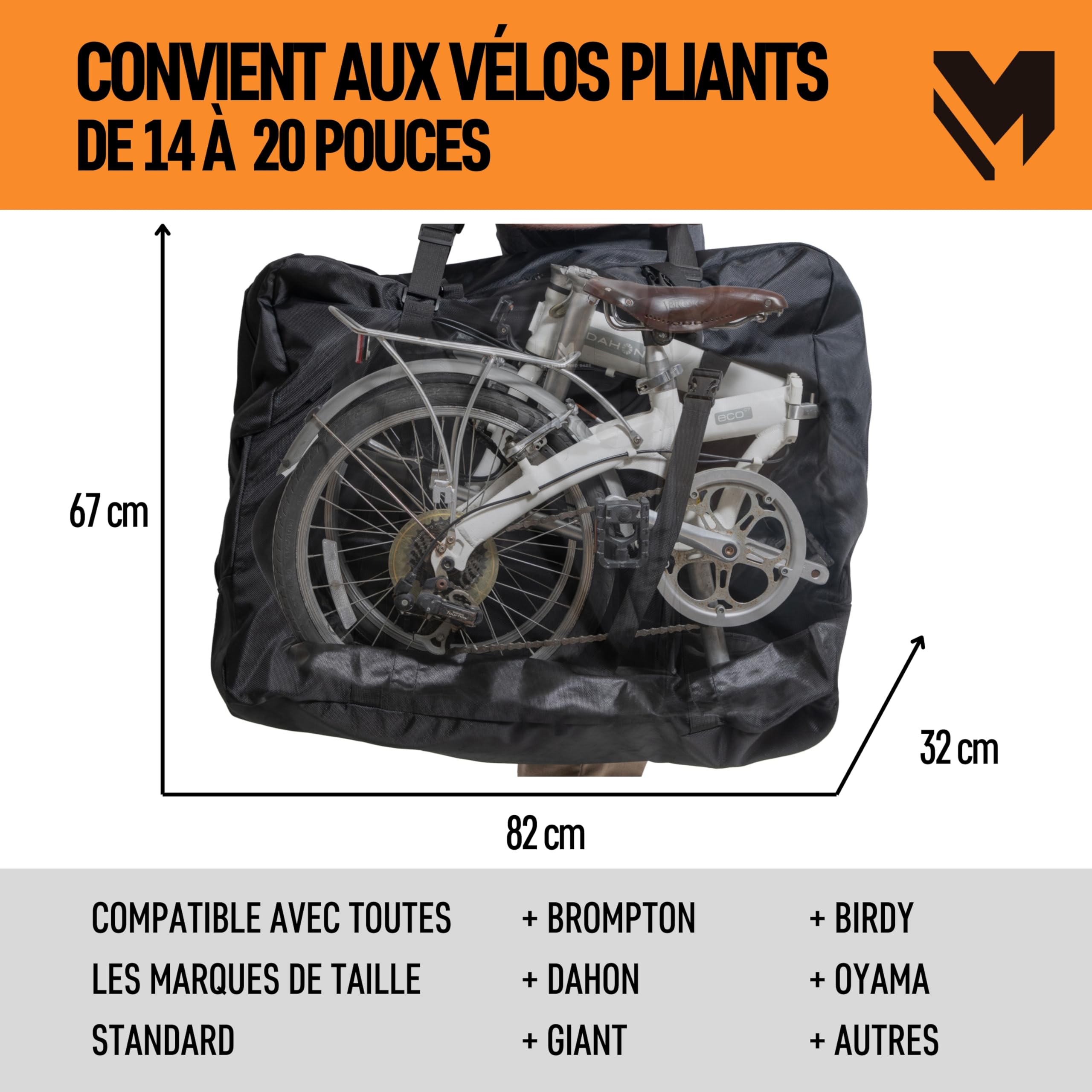lamaki Housse Velo Pliant 14-20 Pouces pour Transport - Convient à Brompton, Dahon, Tern, B’Twin - Sac Velo en Nylon 1680D avec Fermetures Métalliques - Idéal Voyage et Train - Housse Transport Velo