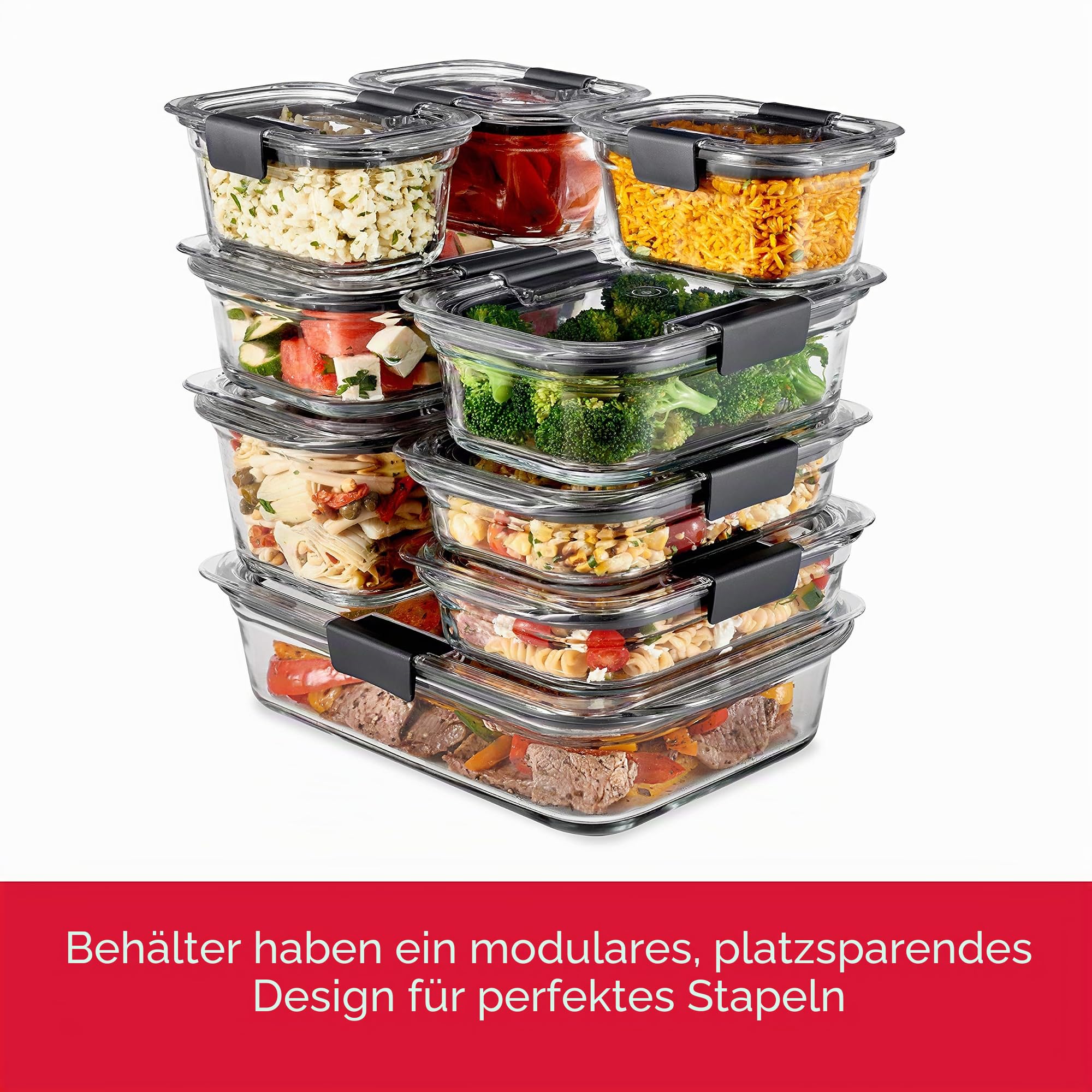 Rubbermaid 8-teilige Brillanzglas-Frischhaltedosen mit Deckel für Mittagessen, Mahlzeitenvorbereitung und Reste, spülmaschinen- und ofenfest, transparent/grau
