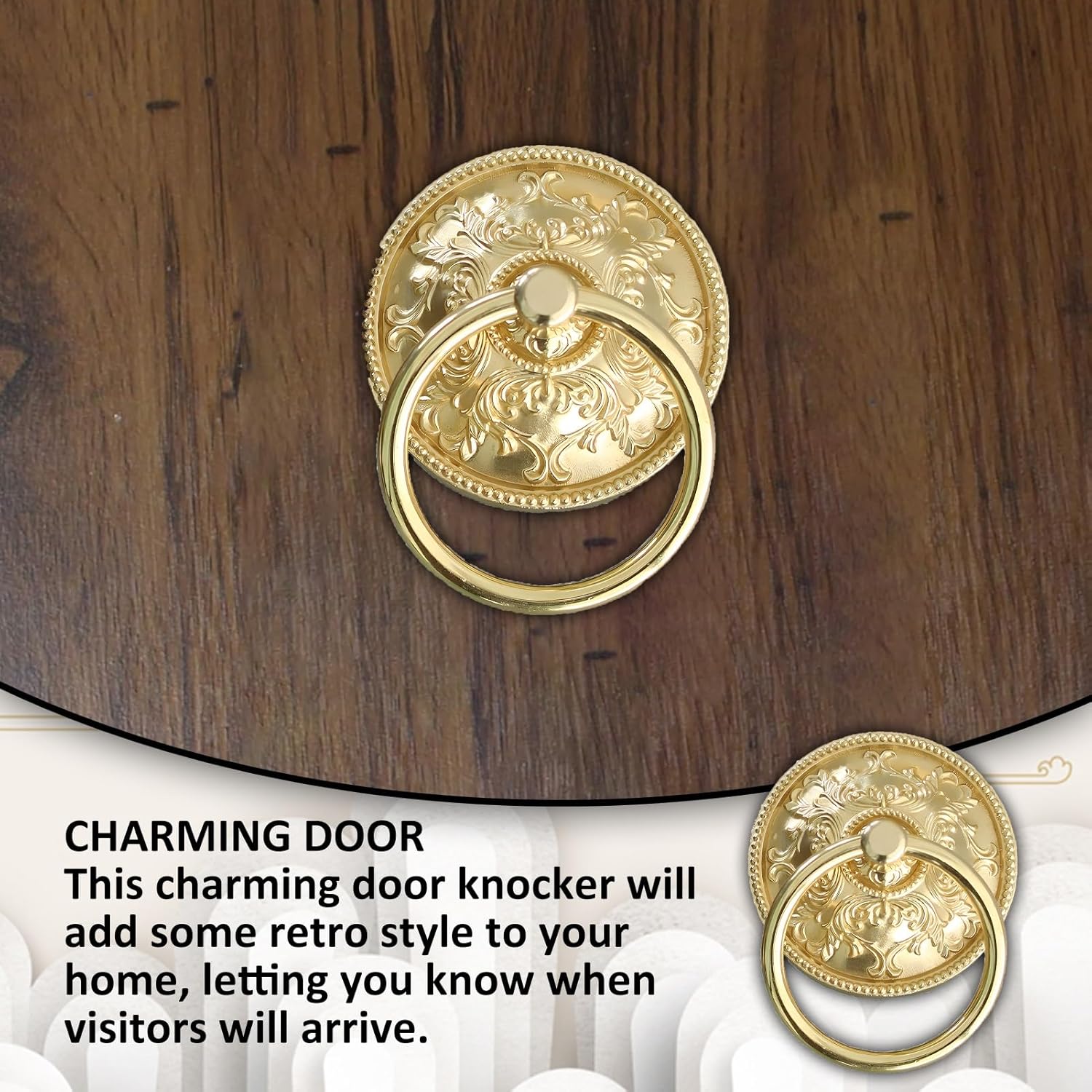Door Knocker Decoration Brass Door Knockers, Antique Door Knocker and Front Door Ring Pull Handle, Easy to Assemble(Gold1,19.5cm/7.67in)