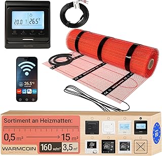 Elektrische Fußbodenheizung Komplettset 160 W/m² – Selbstklebende Heizmatte für Fliesen, Laminat, Vinyl & Parkett – 3,5 m² (0,5 x 7 m) – Inkl. WLAN-Thermostat W51 Schwarz