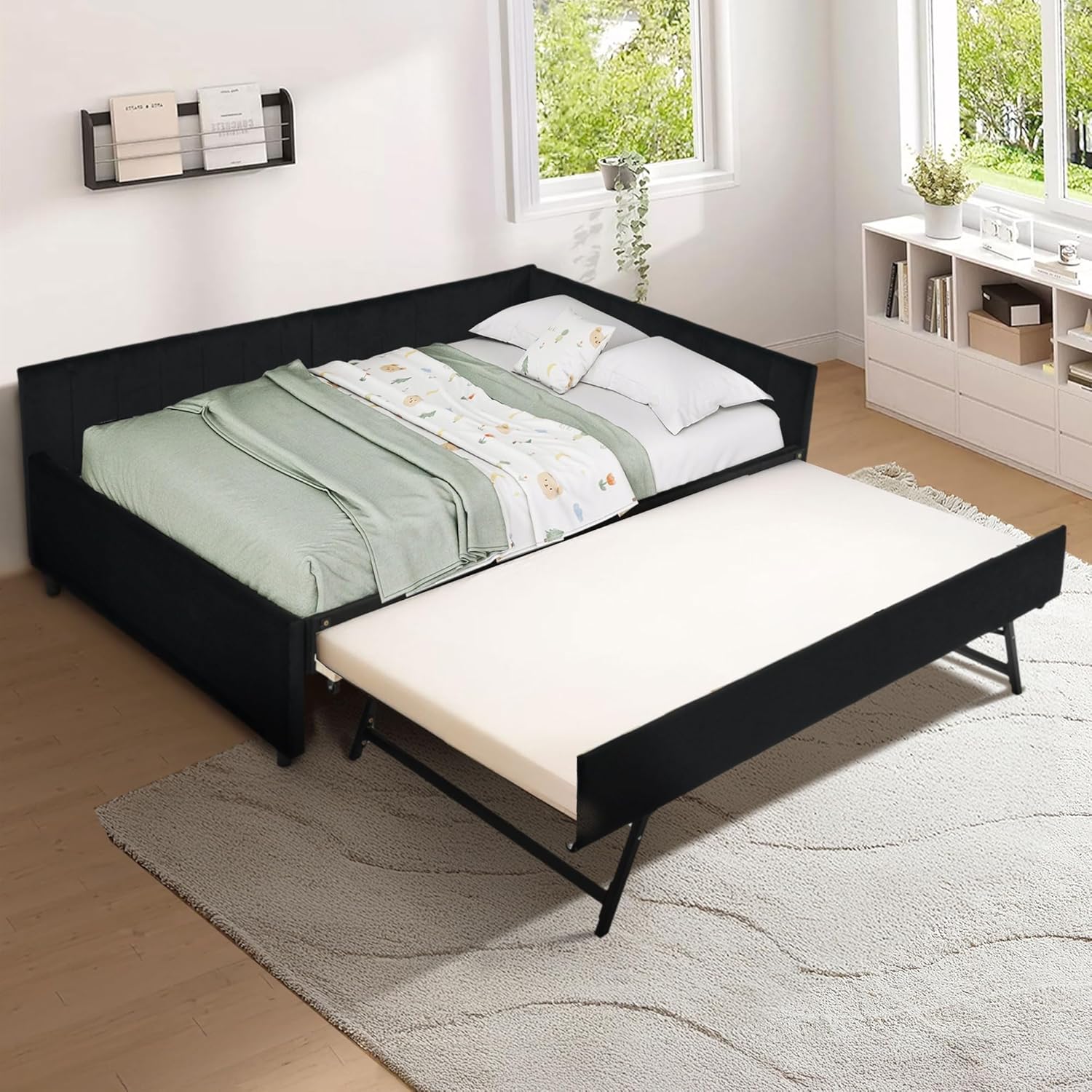 Full Corner Bed Frame with Trundle, Upholstered Tufted Daybed Full Size Sofa Bed for Living Room, Bedroom, No Box Spring Needed (Black)